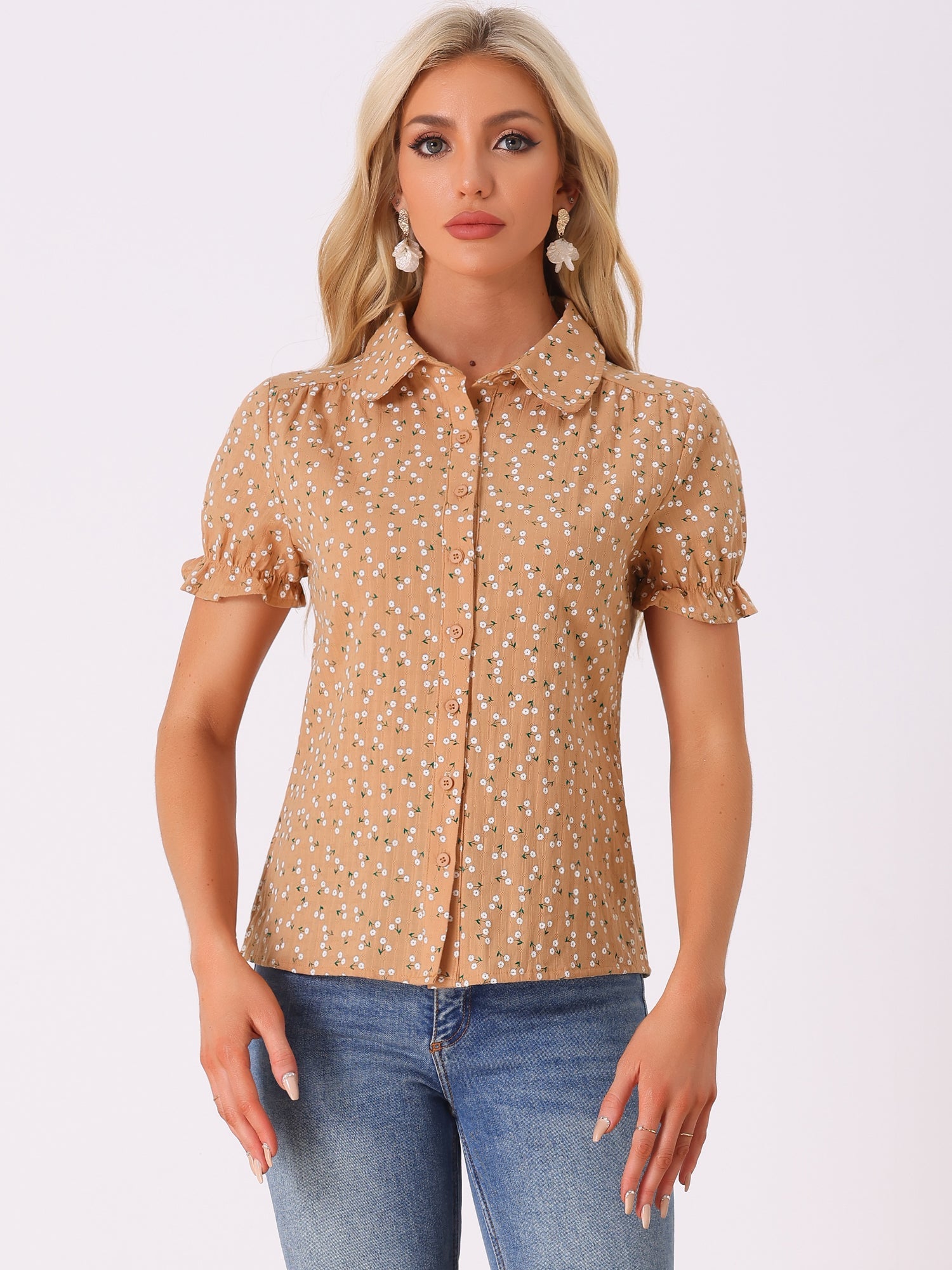 Floral Printed Peter Pan Collar Cotton Short Sleeve Shirt