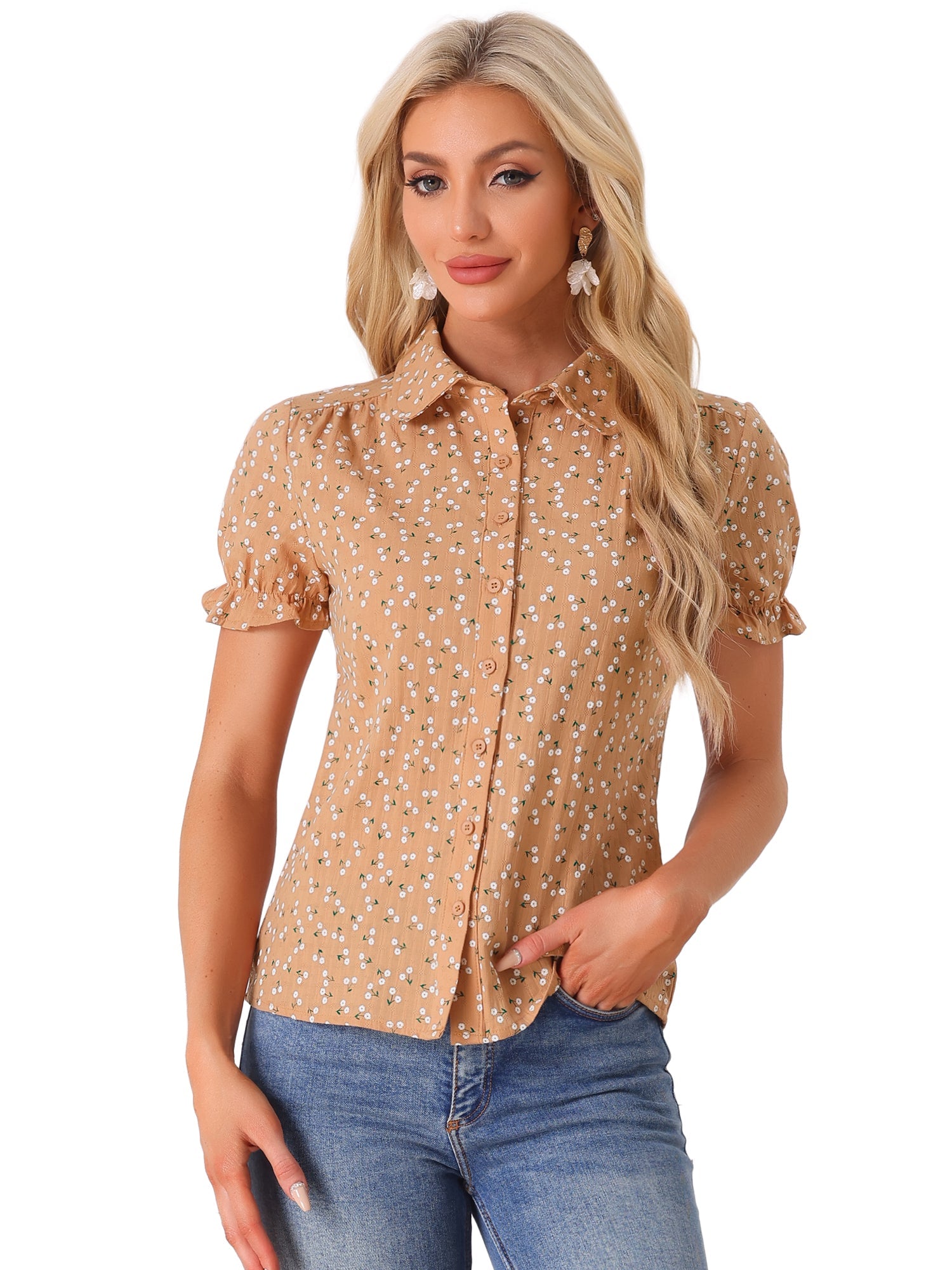 Floral Printed Peter Pan Collar Cotton Short Sleeve Shirt