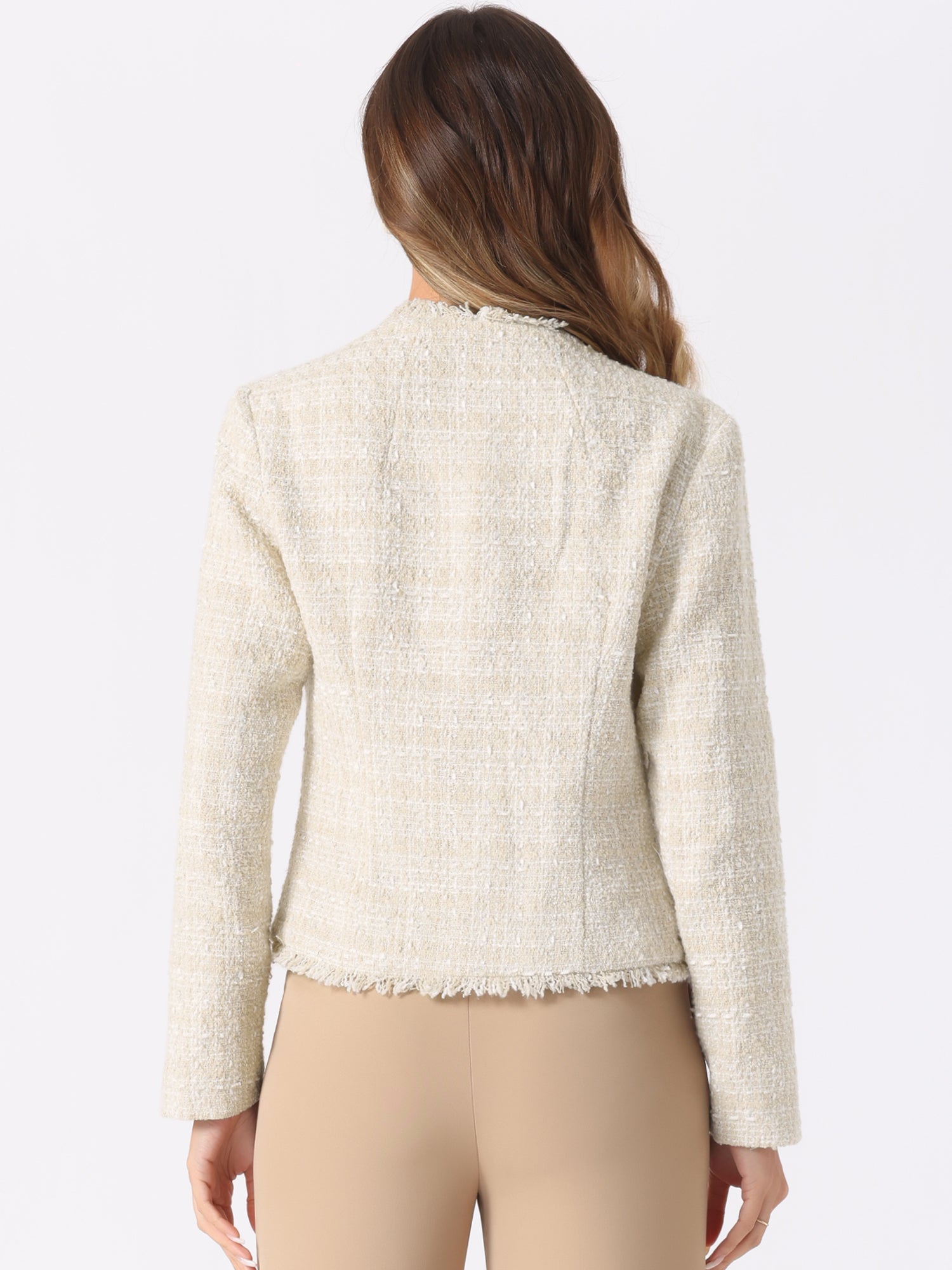 Plaid Tweed Long Sleeve Open Front Work Office Jacket