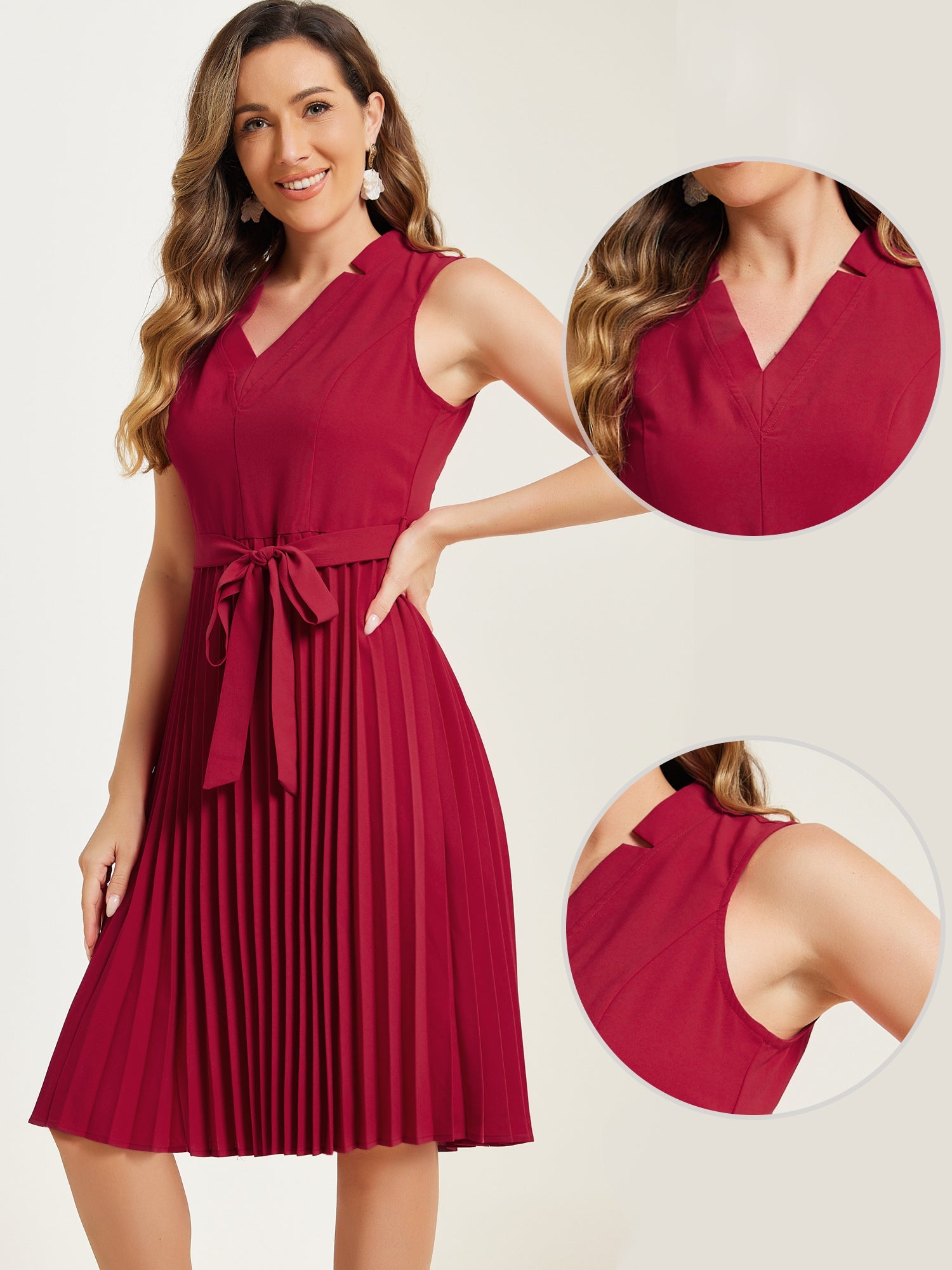Sleeveless V Neck Belted A-line Midi Elegant Pleated Dress