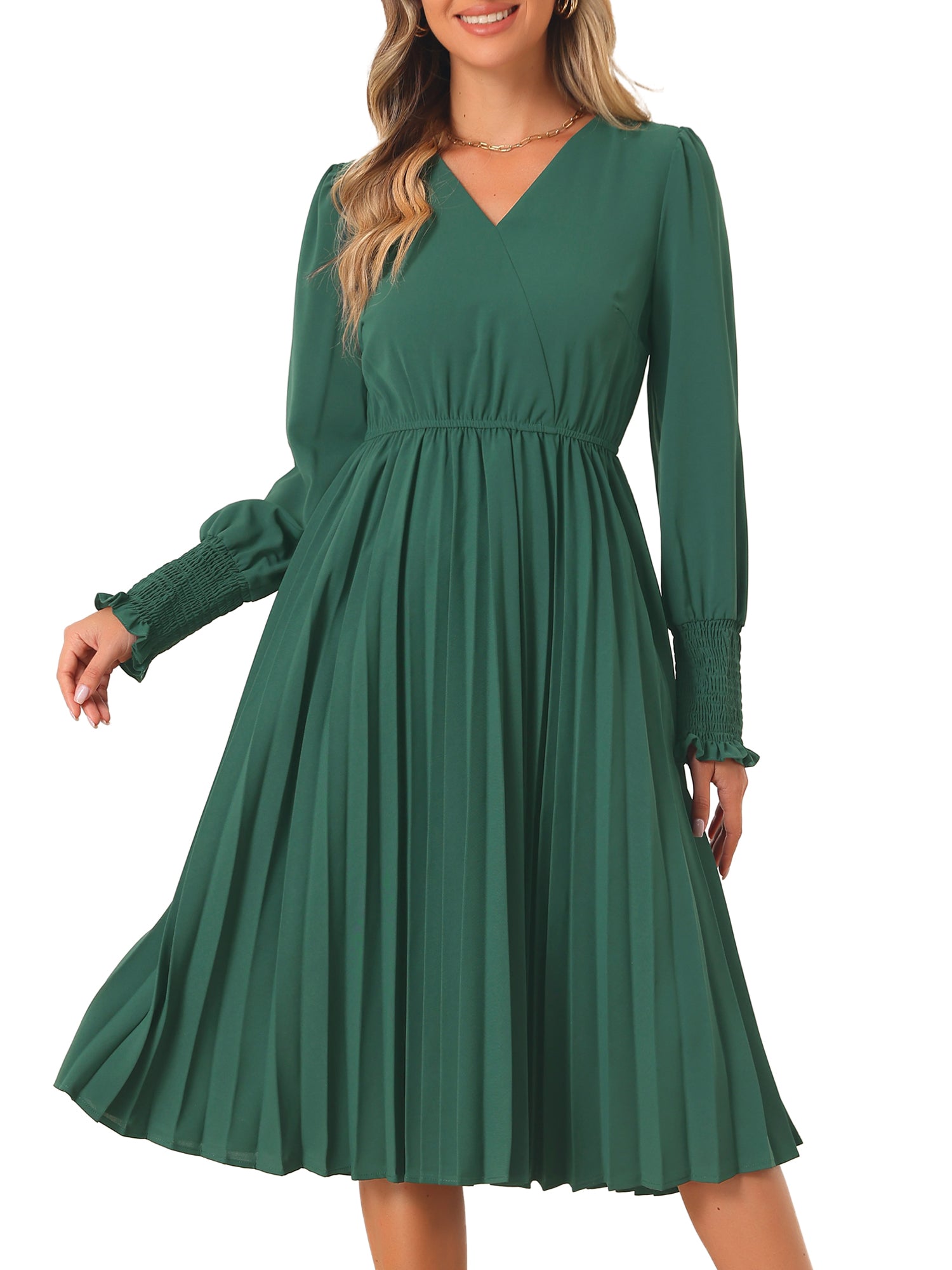 Smocked Long Sleeve Flowy A-Line Midi Pleated Dress