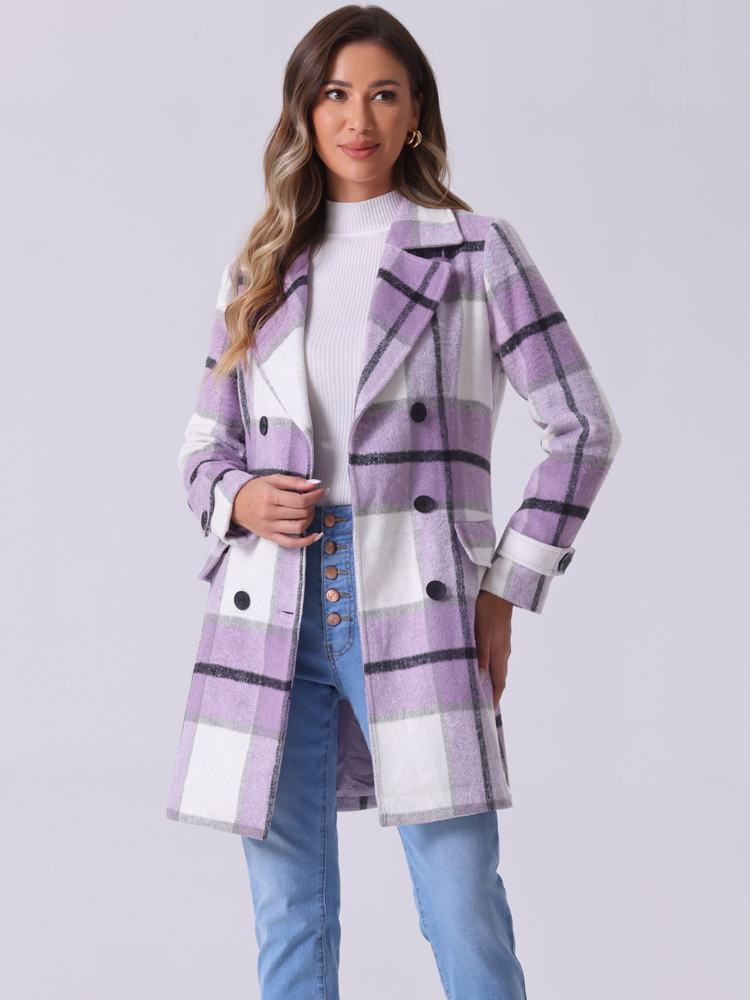 Buffalo Checks Double Breasted Notched Lapel Plaid Trench Pea Coat