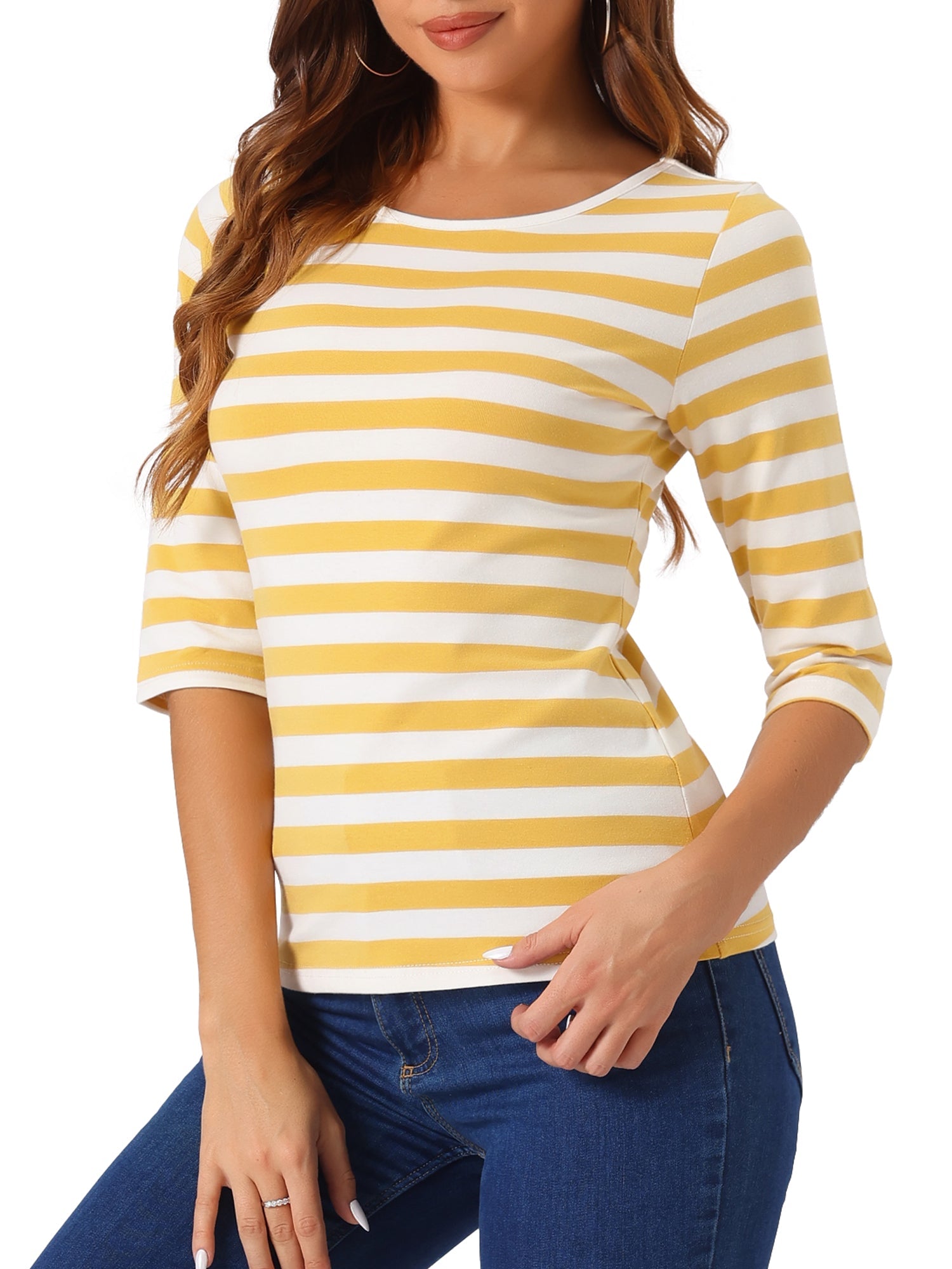 3/4 Sleeve Round Neck Casual Striped T-Shirt