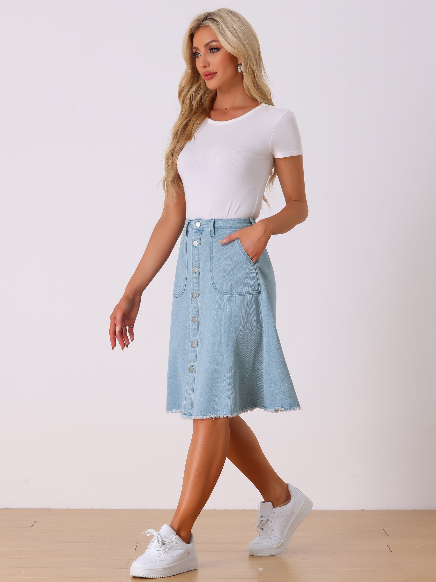 Denim Raw Hem Button Down Midi Jeans Skirt
