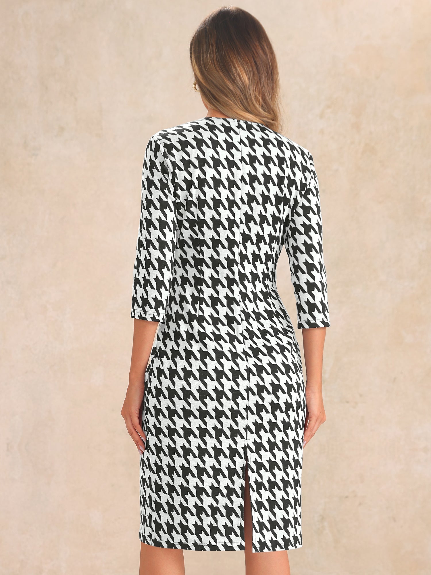 Houndstooth 3/4 Sleeve Elegant Cinched Waist Sheath Dress