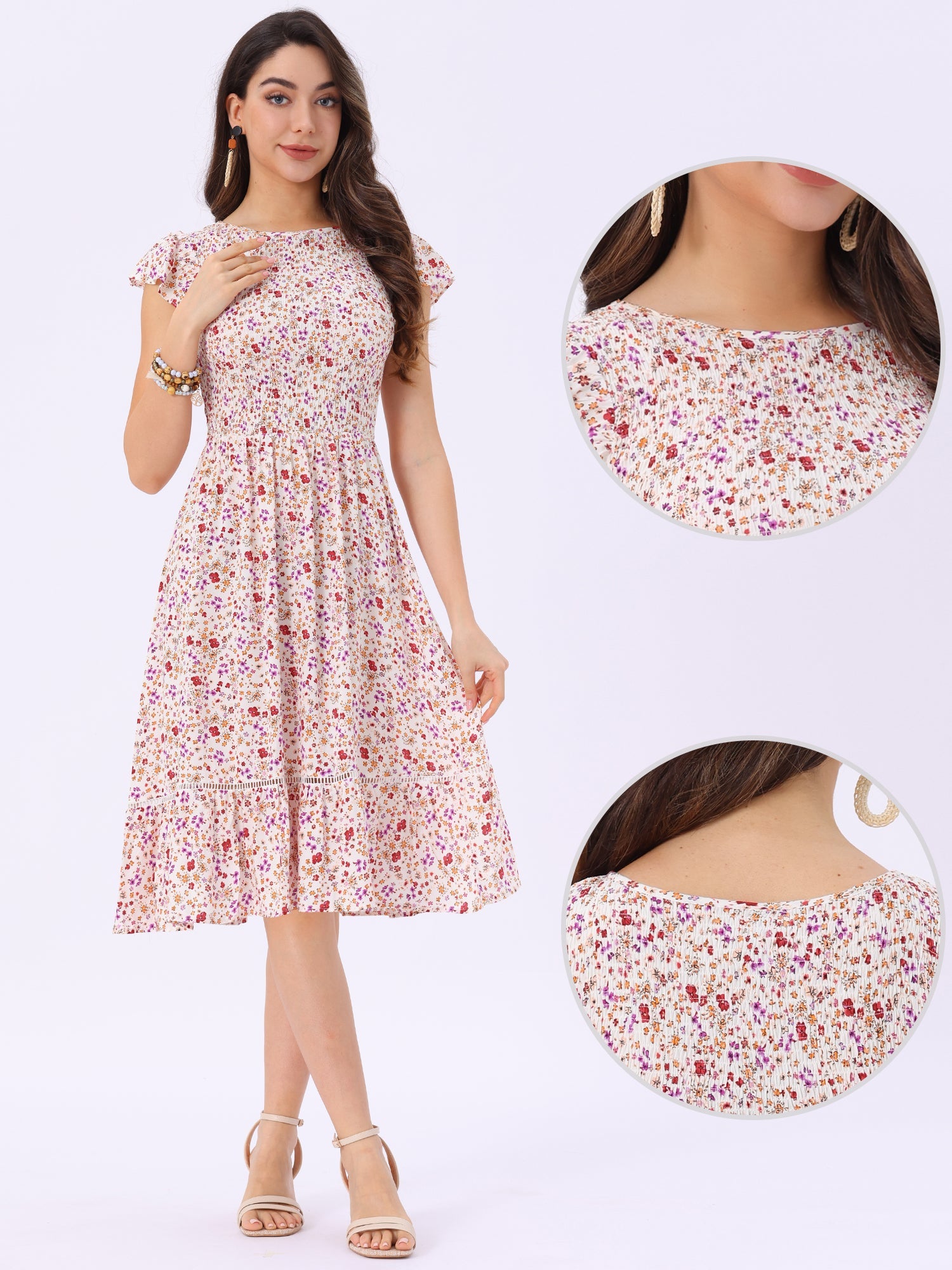 Midi Smocked Cap Short Sleeve Floral Fit and Flare Dress