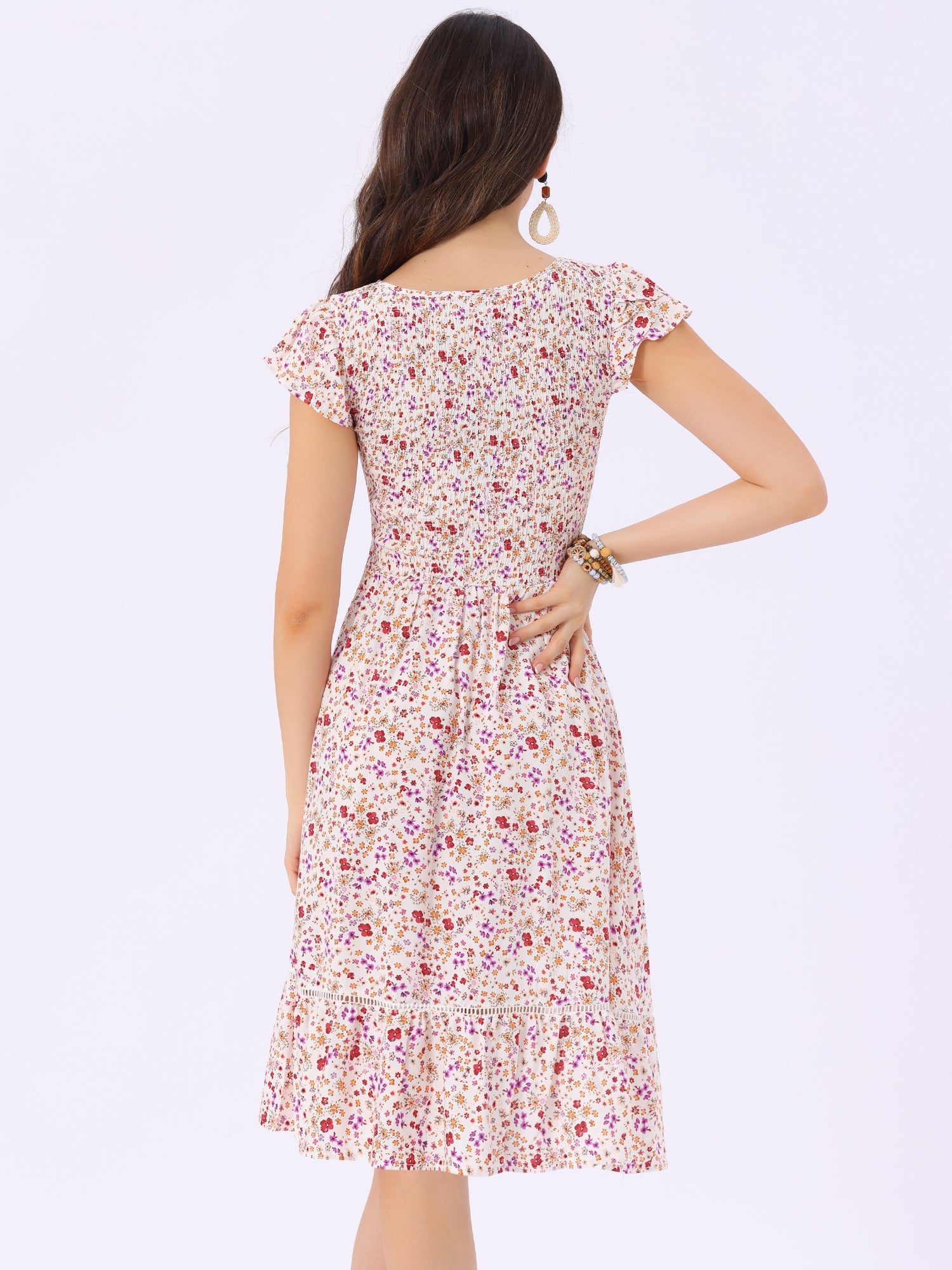 Midi Smocked Cap Short Sleeve Floral Fit and Flare Dress