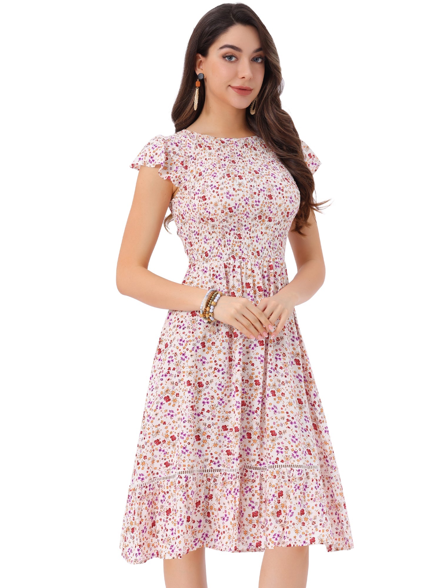 Midi Smocked Cap Short Sleeve Floral Fit and Flare Dress