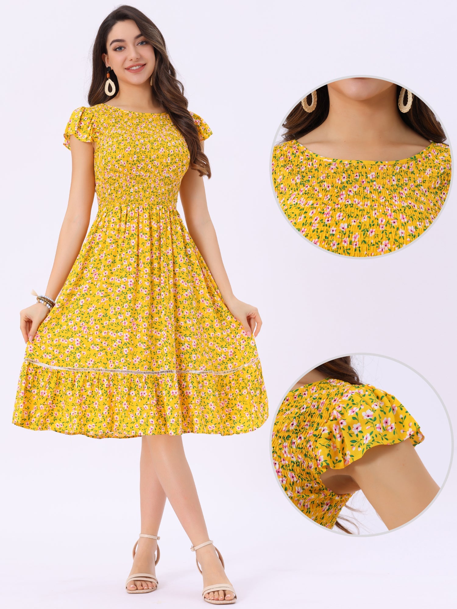 Midi Smocked Cap Short Sleeve Floral Fit and Flare Dress