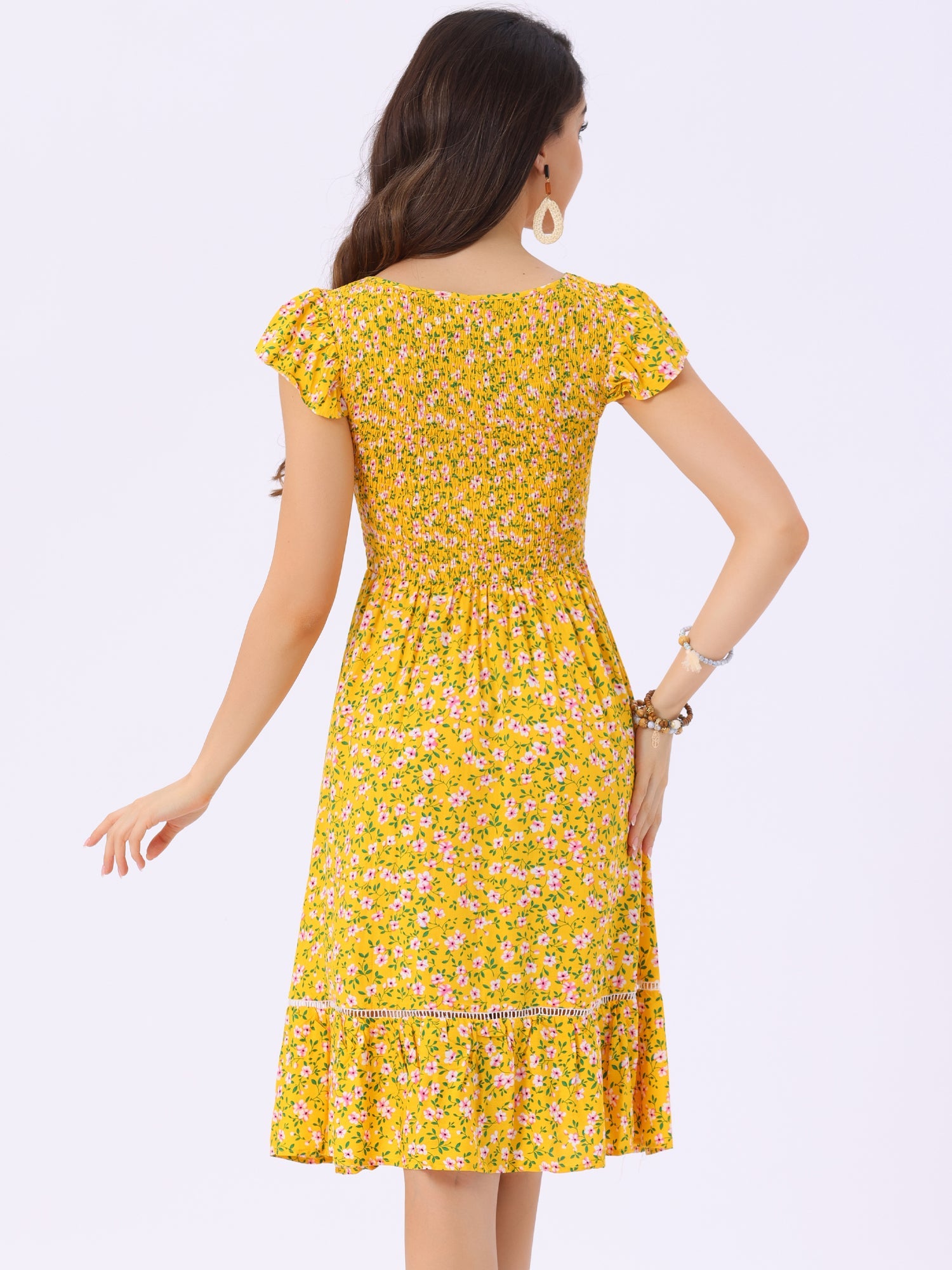 Midi Smocked Cap Short Sleeve Floral Fit and Flare Dress