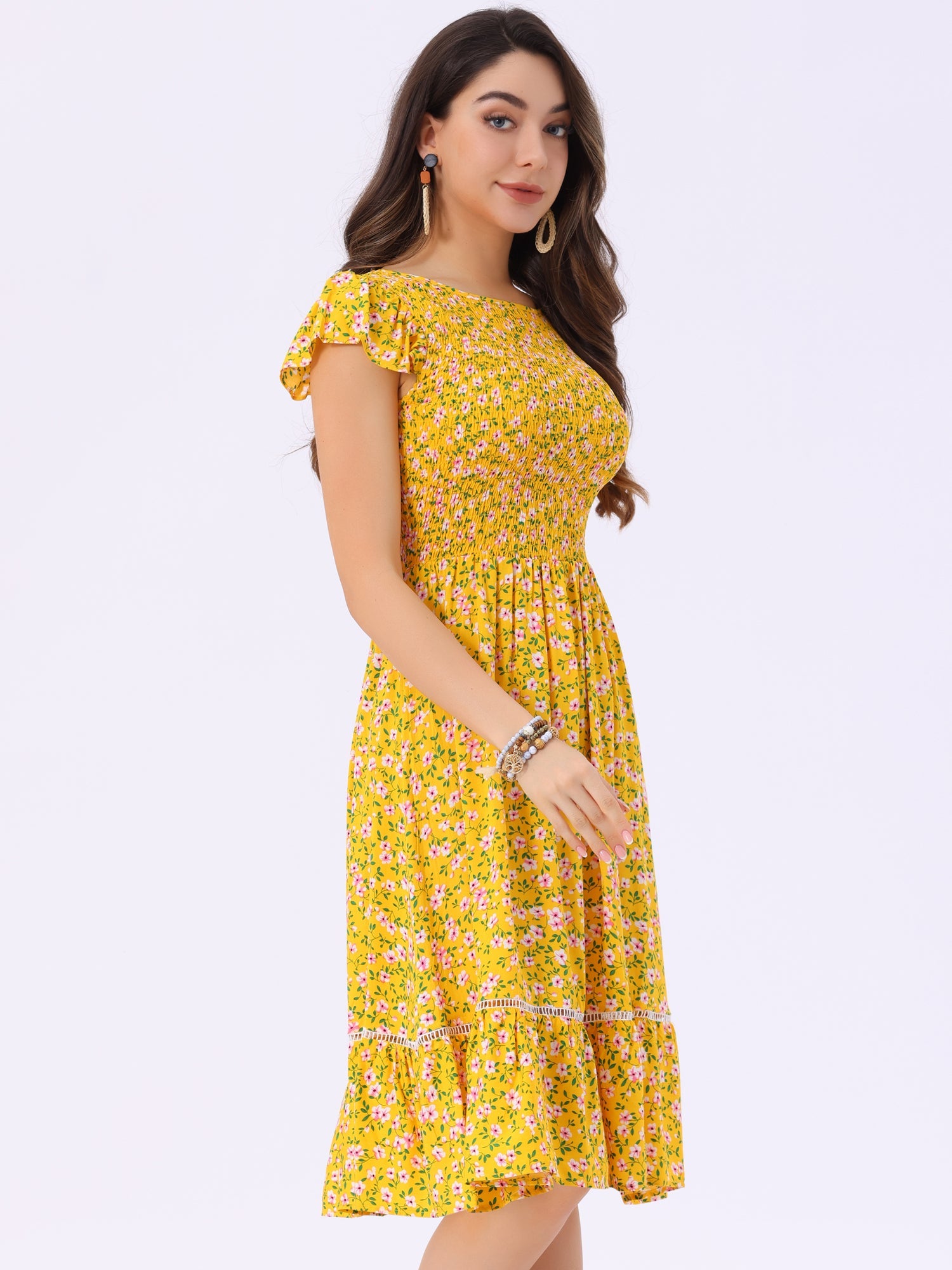 Midi Smocked Cap Short Sleeve Floral Fit and Flare Dress