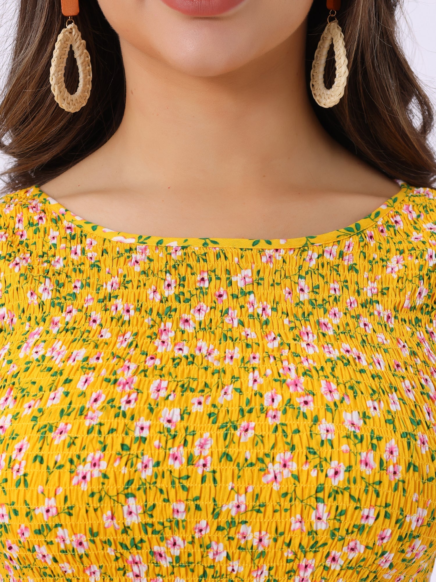 Midi Smocked Cap Short Sleeve Floral Fit and Flare Dress