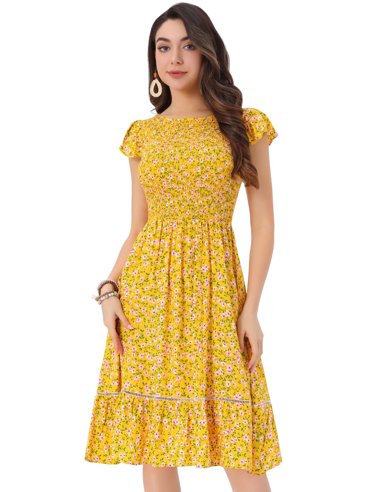 Midi Smocked Cap Short Sleeve Floral Fit and Flare Dress