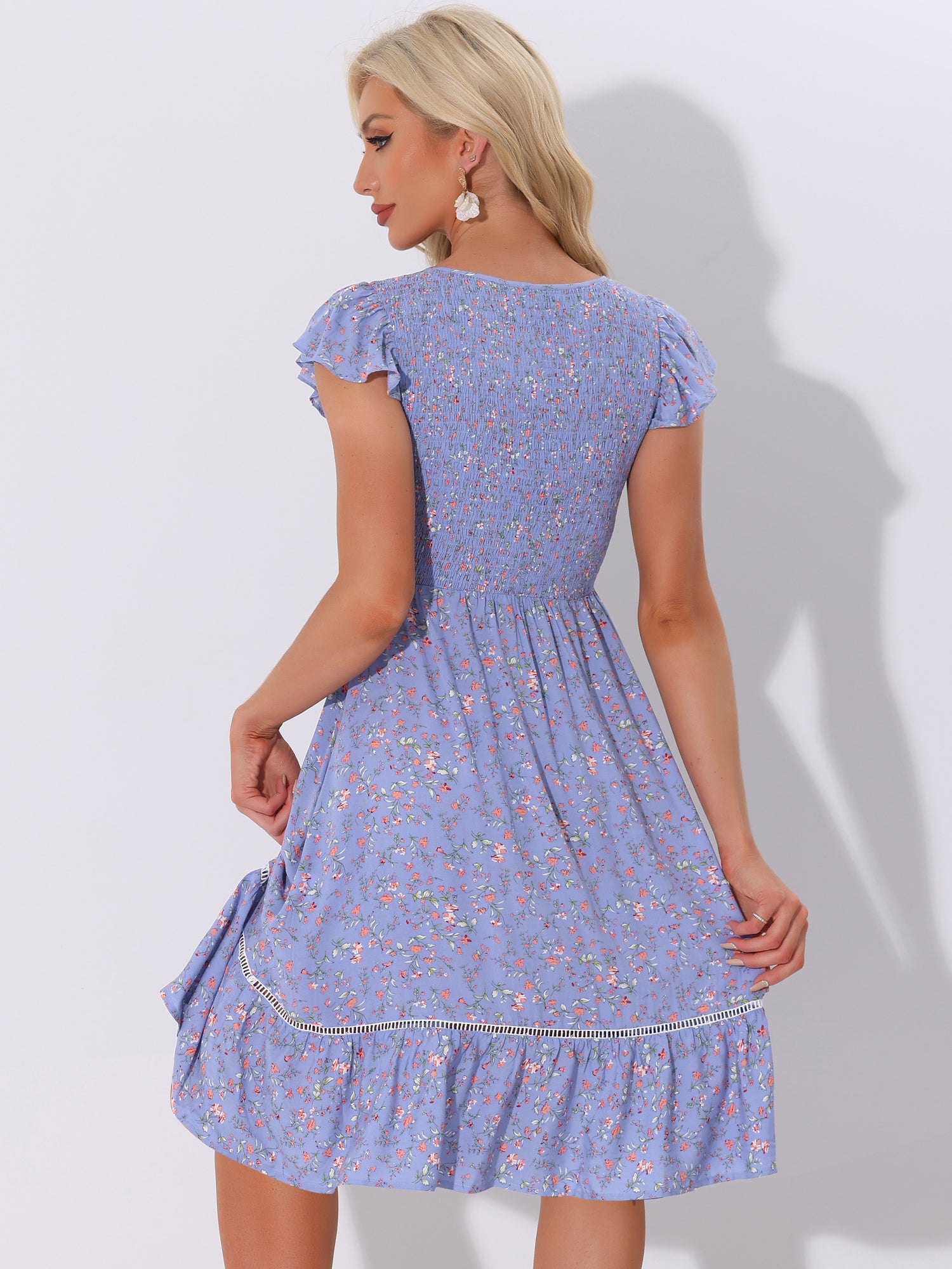 Midi Smocked Cap Short Sleeve Floral Fit and Flare Dress