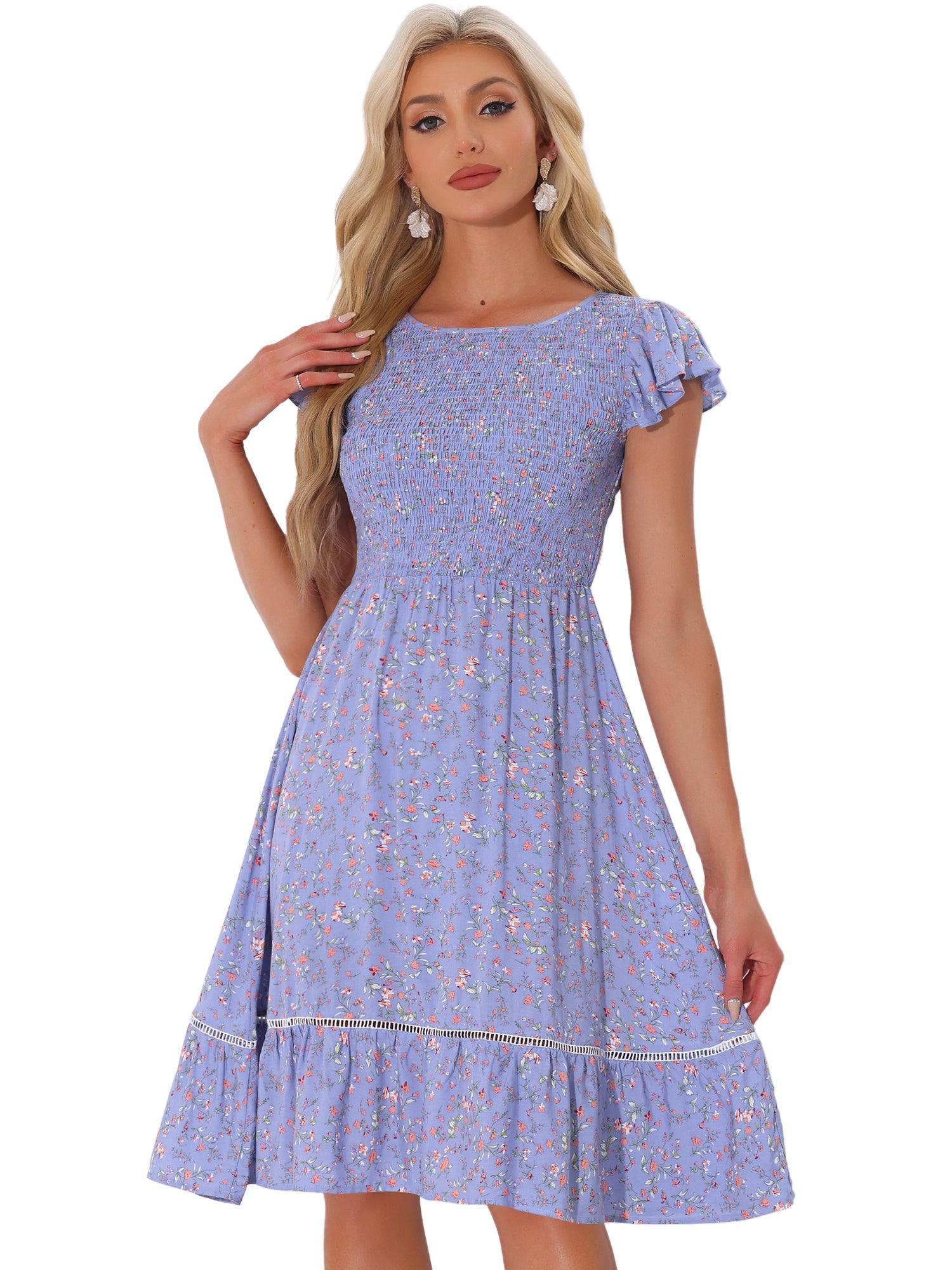 Midi Smocked Cap Short Sleeve Floral Fit and Flare Dress