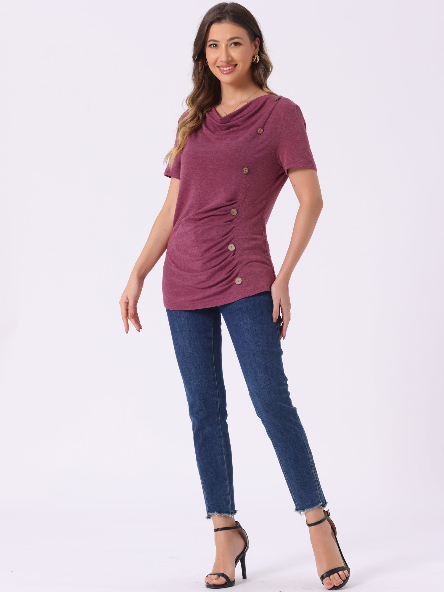 Cowl Neck Short Sleeve Casual Basic Solid Knitted Buttons Decor Ruched Top
