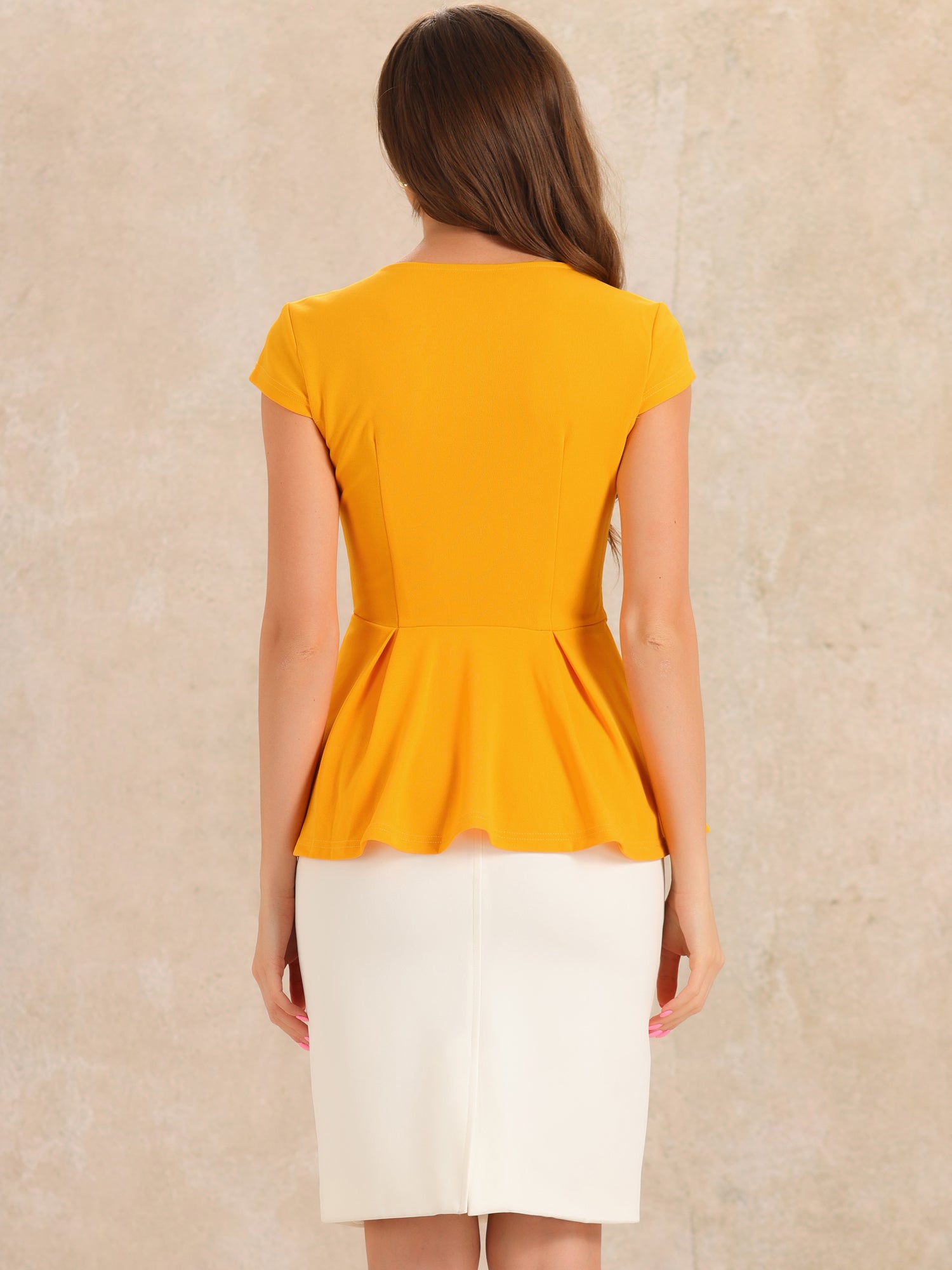 Elegant Round Neck Solid Color Cap Sleeve Peplum Blouse