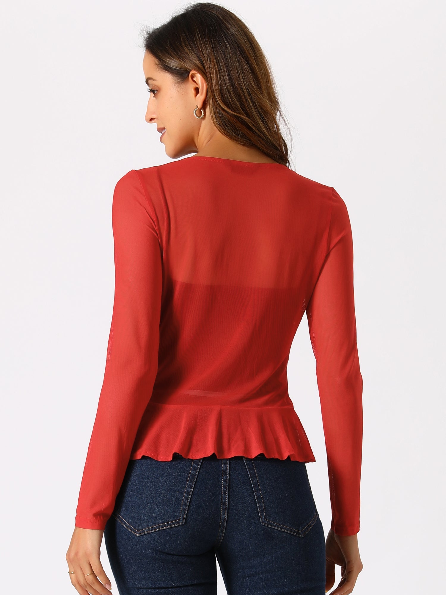 Ruffle Mesh Shrug Long Sleeves Self Tie Bolero Jacket