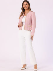 Plaid Tweed Long Sleeve Open Front Work Office Cropped Jacket Blazer