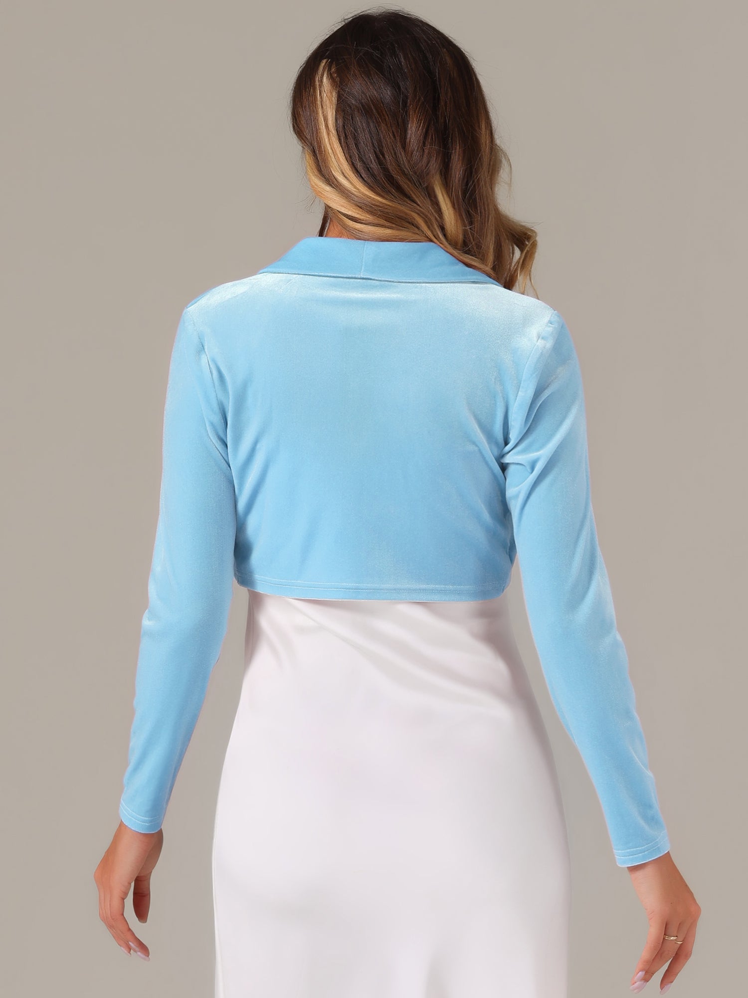 Long Sleeve Lapel Collar Velvet Open Front Cropped Bolero Shrugs