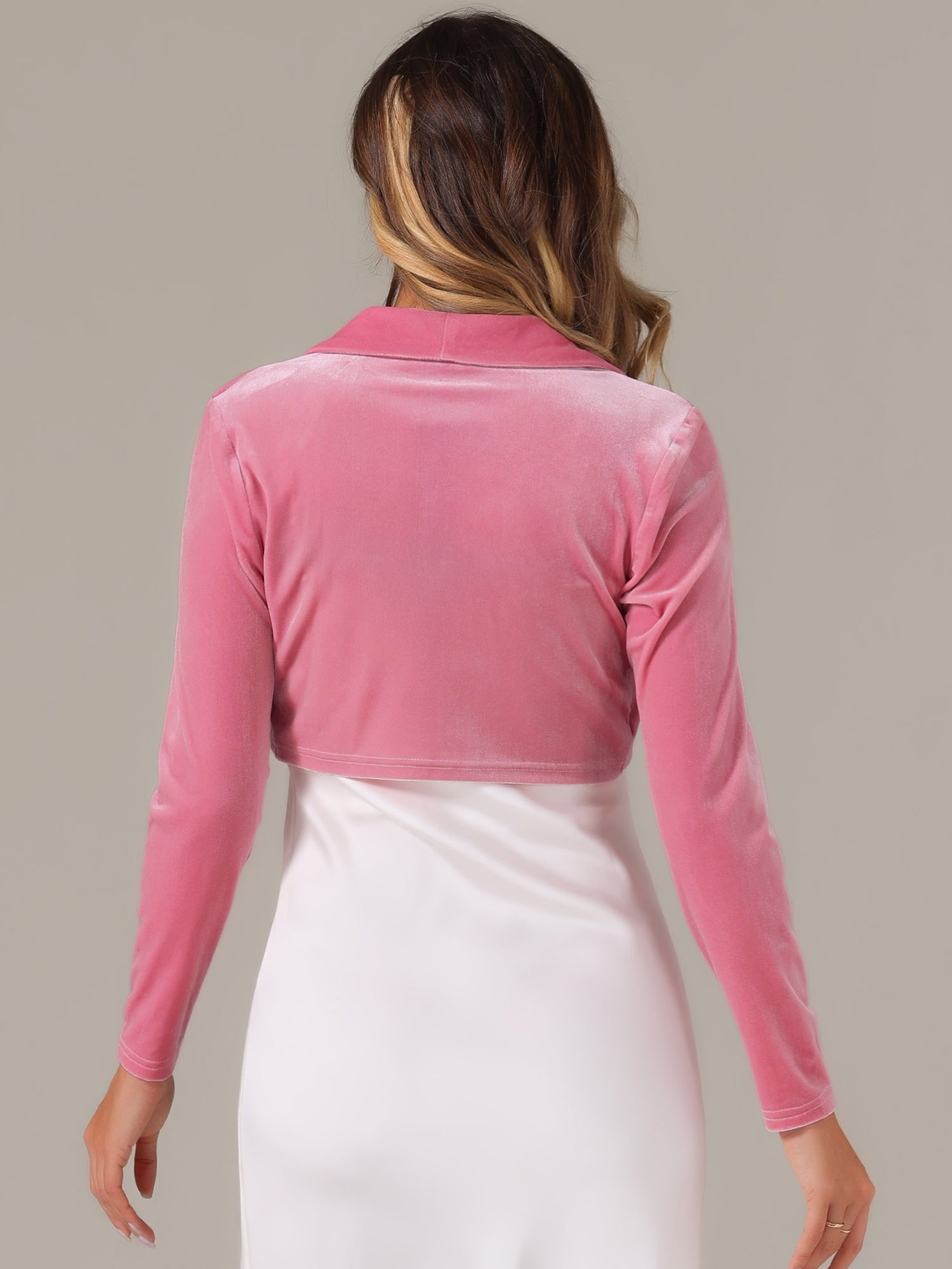 Long Sleeve Lapel Collar Velvet Open Front Cropped Bolero Shrugs