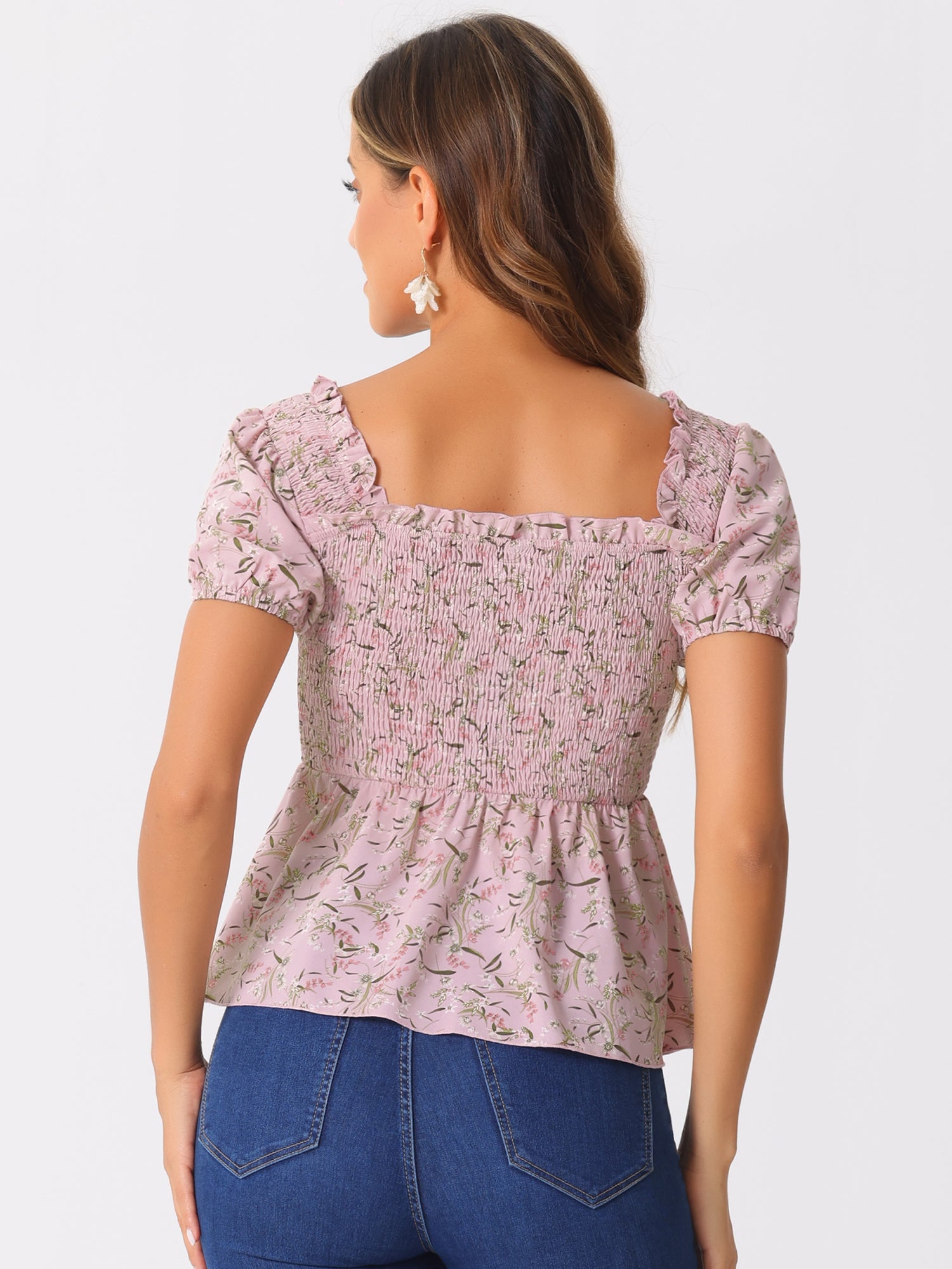 Puff Short Sleeve Floral Shirred Ruffle Peplum Blouse