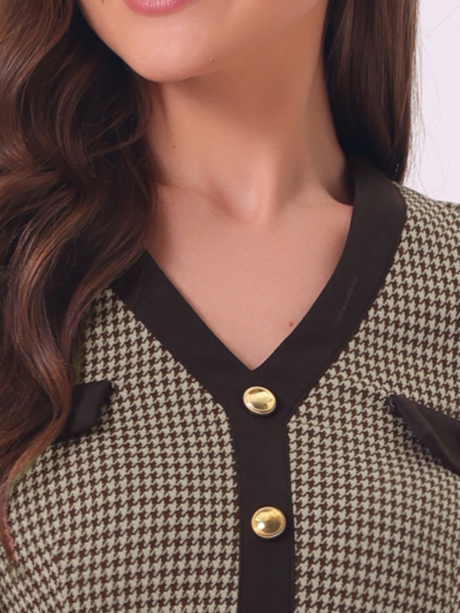 Houndstooth V Neck Long Sleeve Elegant Sheath Dresses