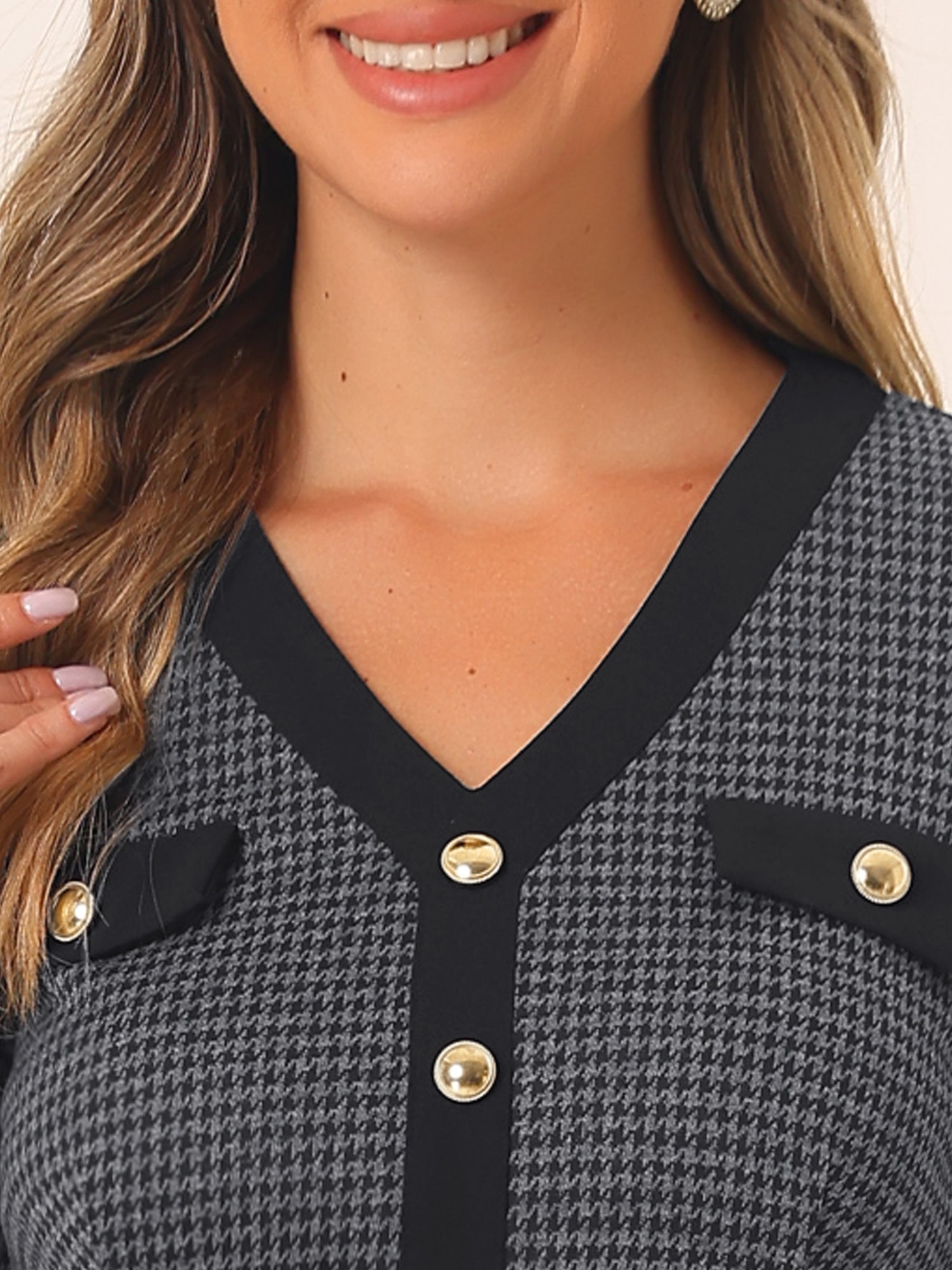Houndstooth V Neck Long Sleeve Elegant Sheath Dresses