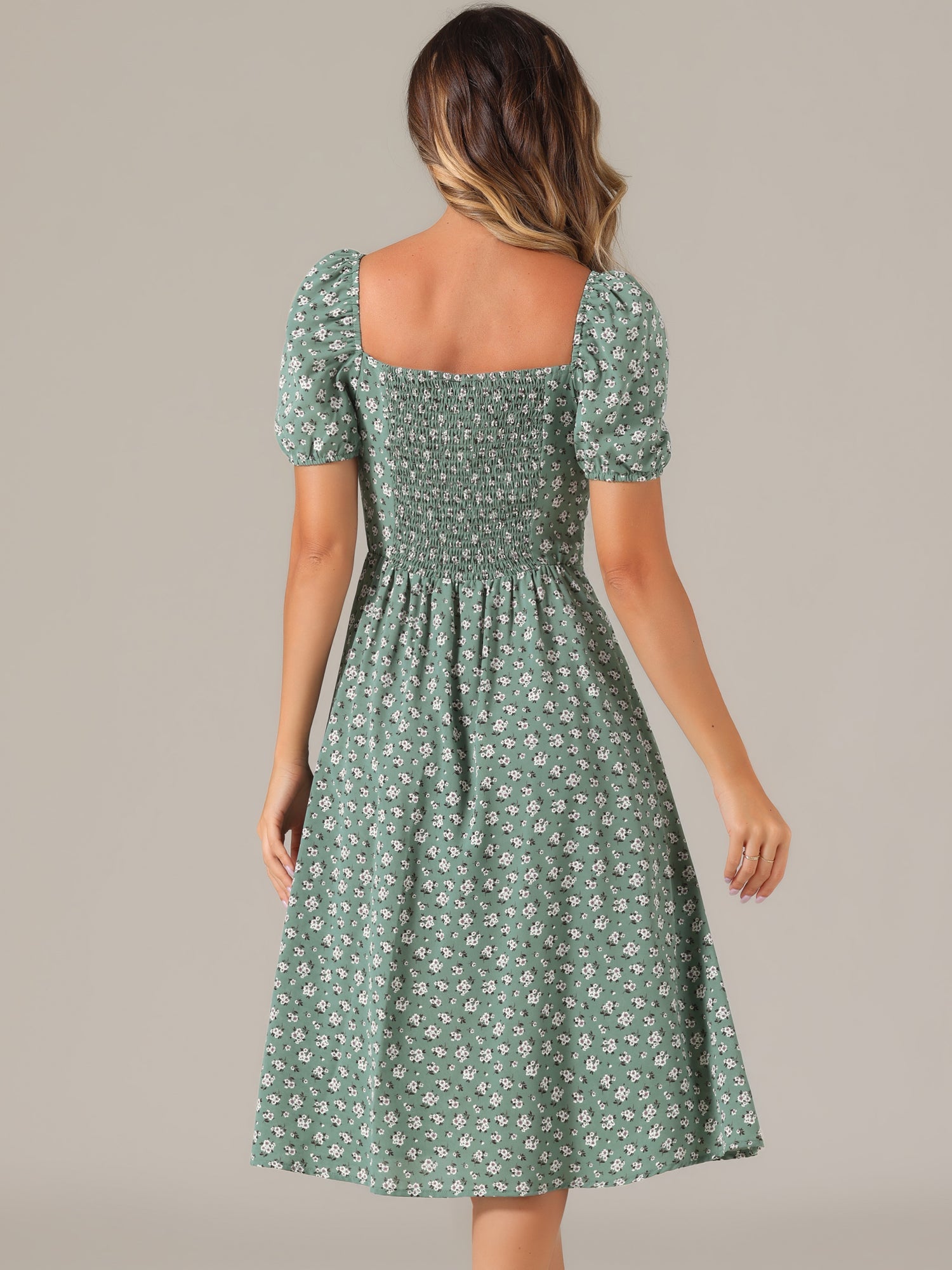 Square Neck Smocked Shirred Puff Sleeves Floral Midi Dress