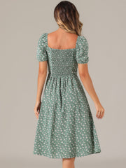 Square Neck Smocked Shirred Puff Sleeves Floral Midi Dress