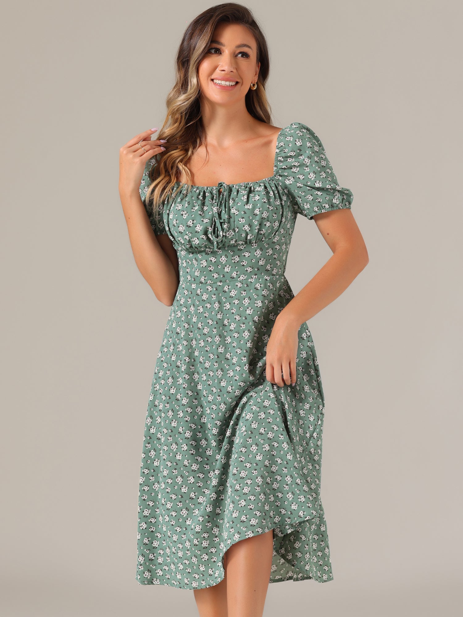 Square Neck Smocked Shirred Puff Sleeves Floral Midi Dress