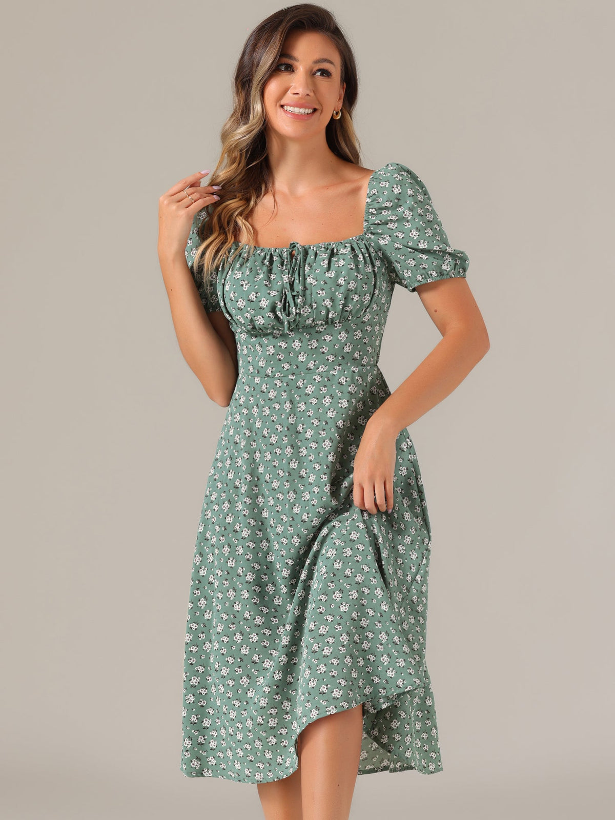 Square Neck Smocked Shirred Puff Sleeves Floral Midi Dress