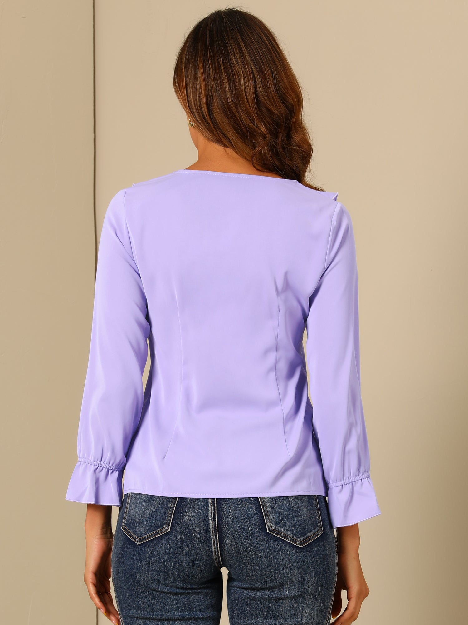 Ruffle Neck Gathered Cuff Long Sleeves Blouse