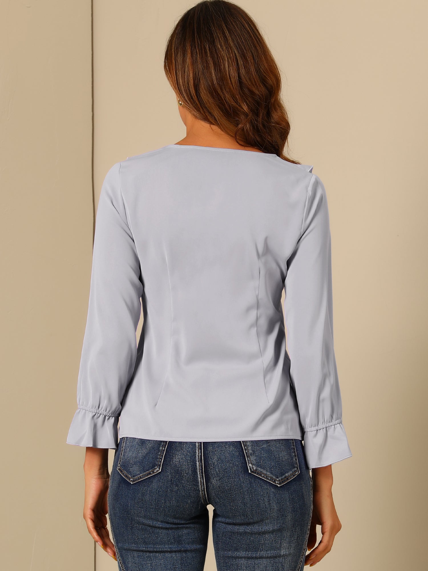 Ruffle Neck Gathered Cuff Long Sleeves Blouse