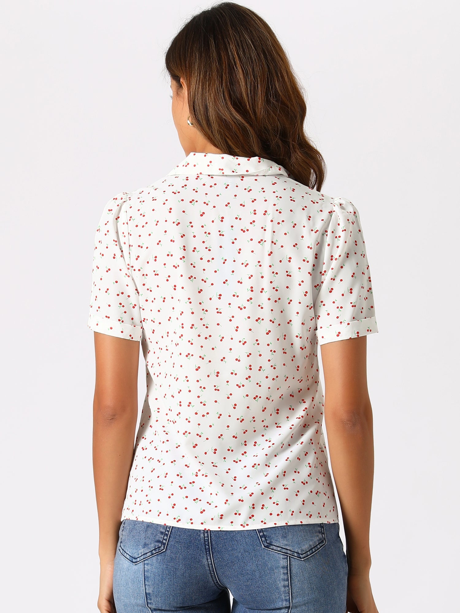 Short Sleeve Casual Cherry Print Notched Lapel Collar Shirt Blouse