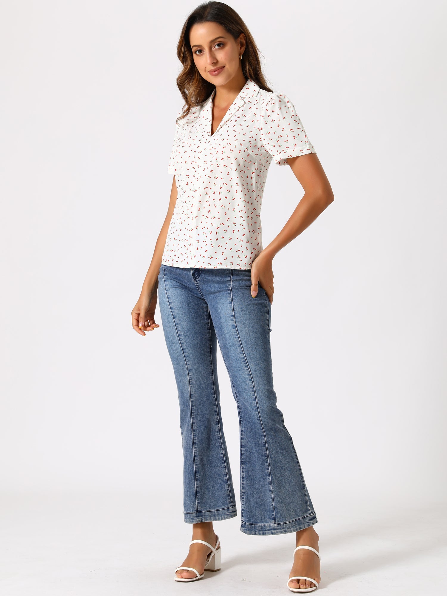 Short Sleeve Casual Cherry Print Notched Lapel Collar Shirt Blouse