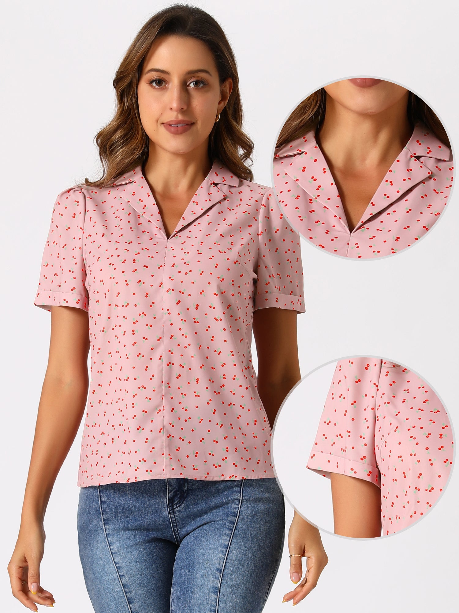 Short Sleeve Casual Cherry Print Notched Lapel Collar Shirt Blouse