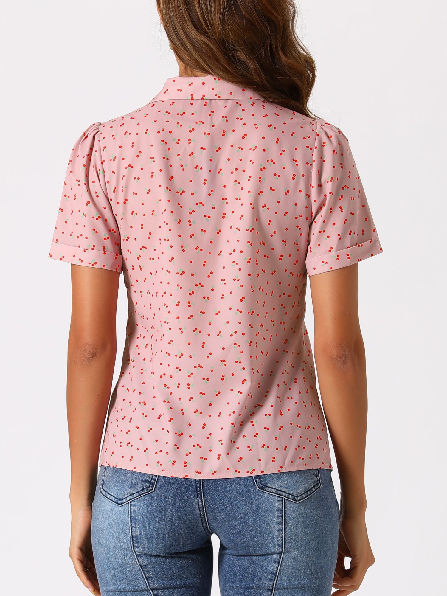 Short Sleeve Casual Cherry Print Notched Lapel Collar Shirt Blouse