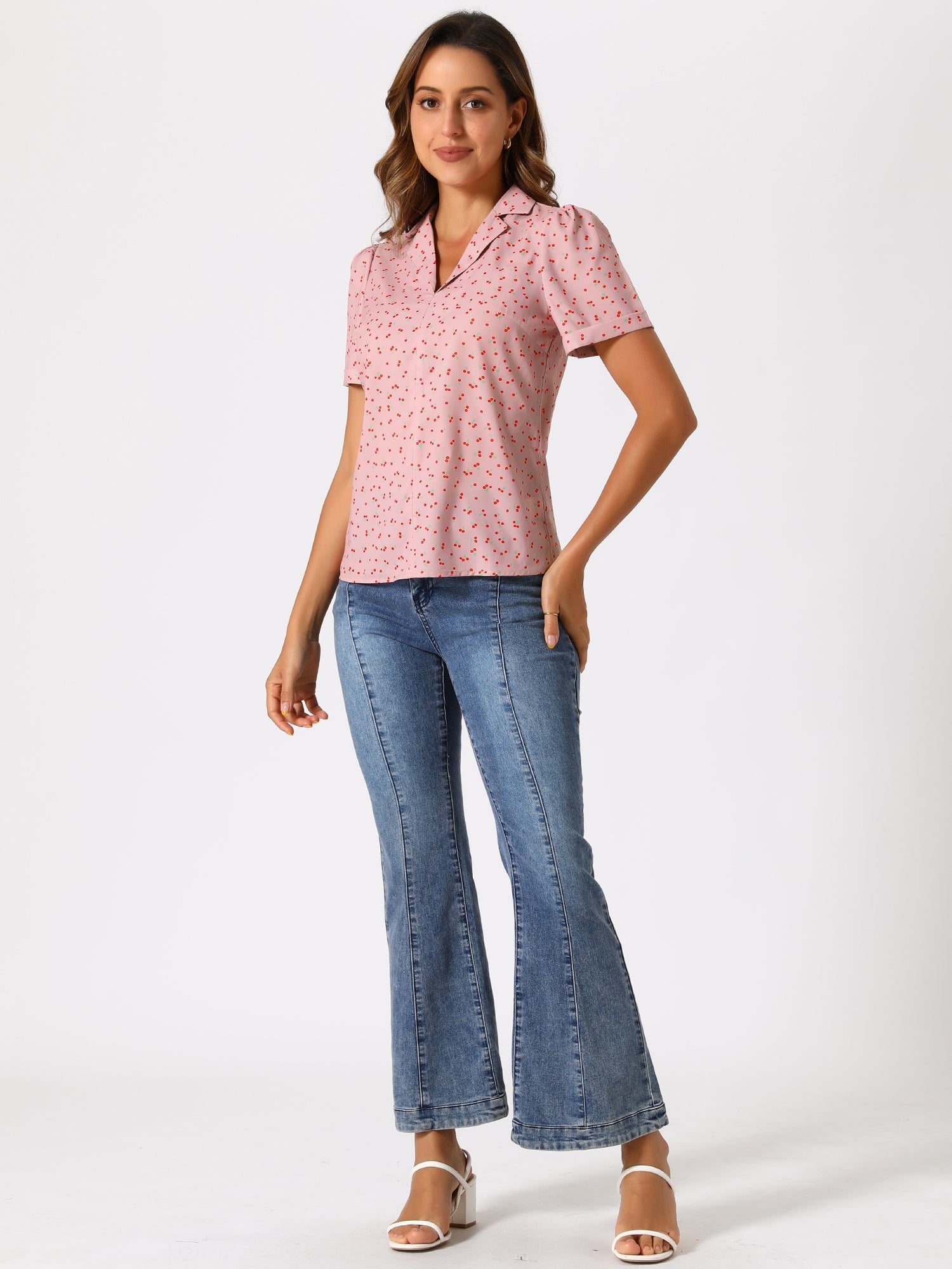 Short Sleeve Casual Cherry Print Notched Lapel Collar Shirt Blouse