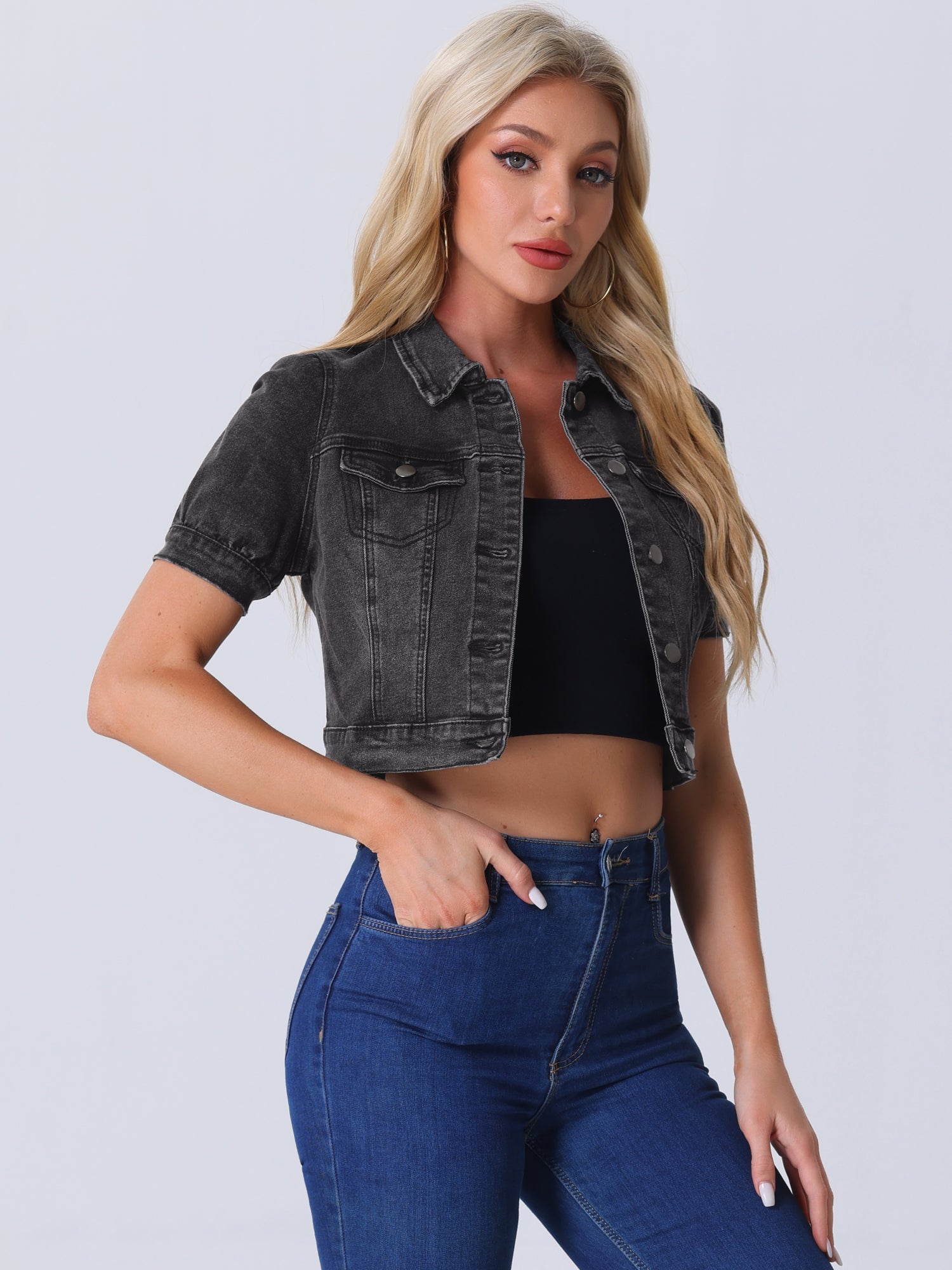 Casual Button-Down Puff Long Sleeve Crop Denim Jacket