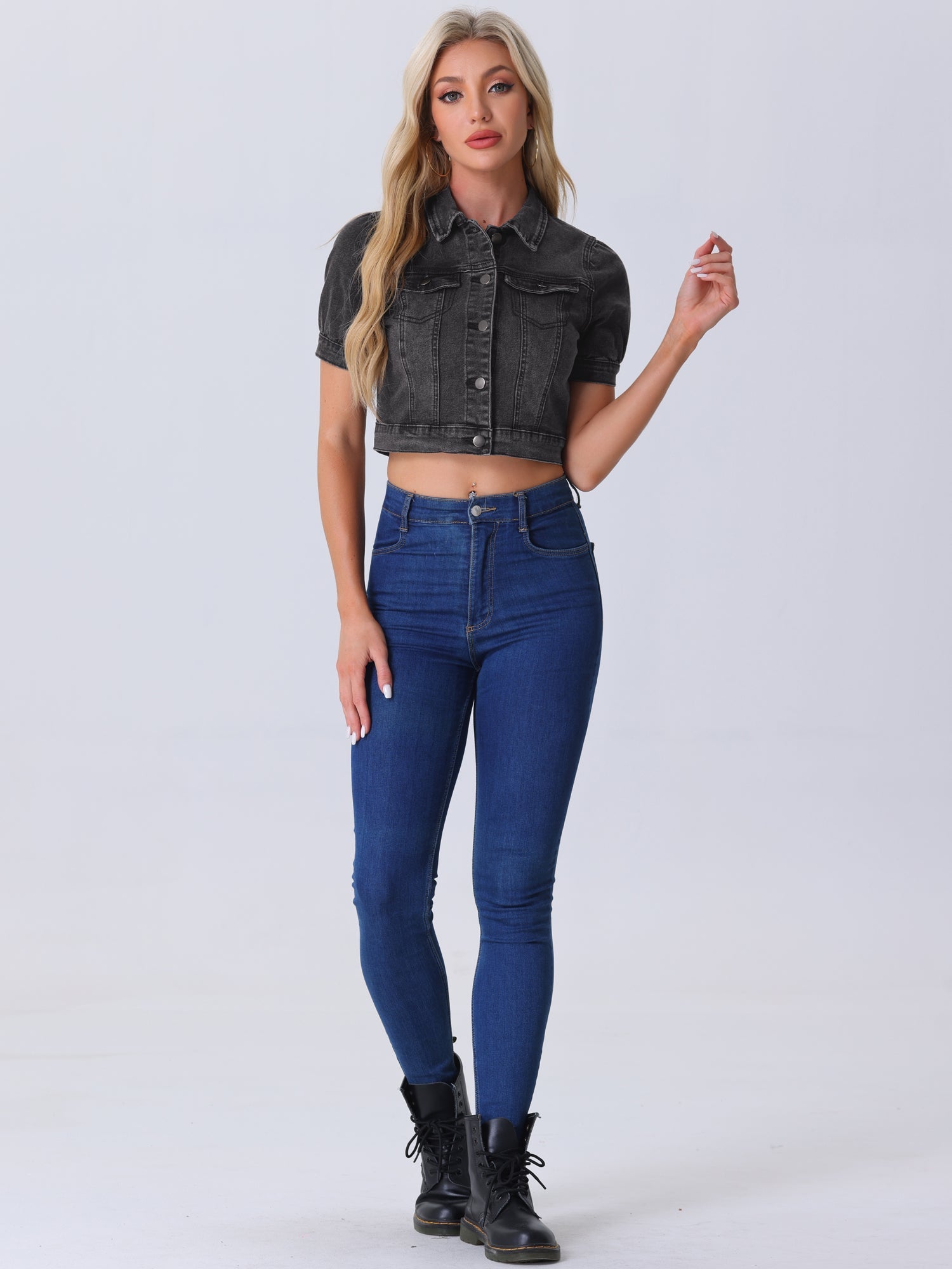 Casual Button-Down Puff Long Sleeve Crop Denim Jacket