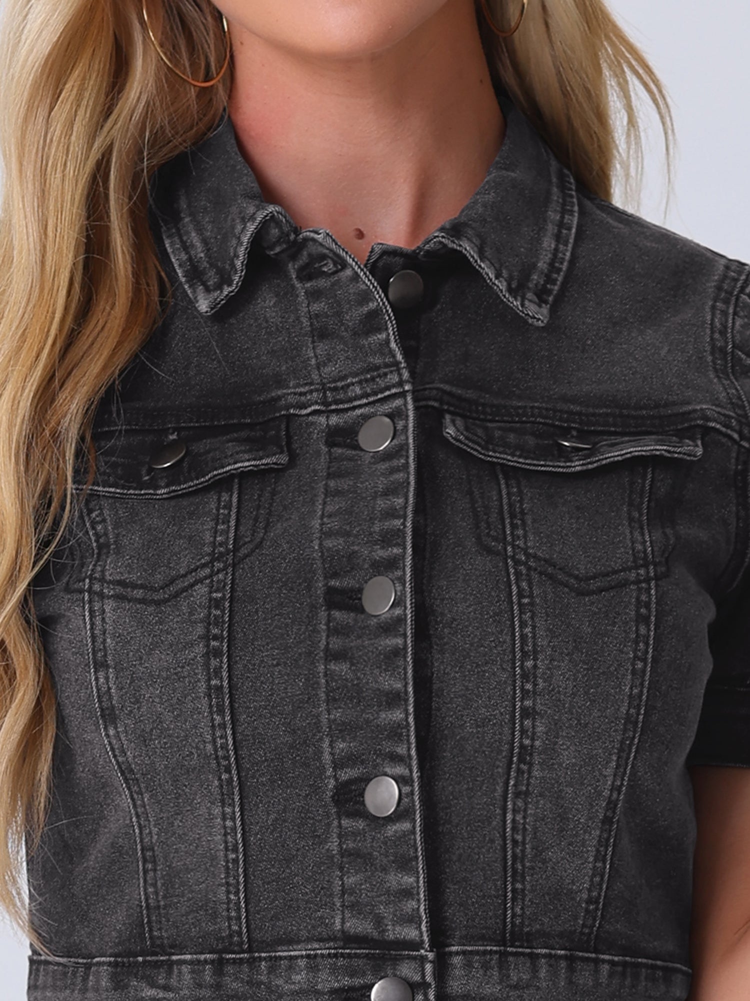 Casual Button-Down Puff Long Sleeve Crop Denim Jacket
