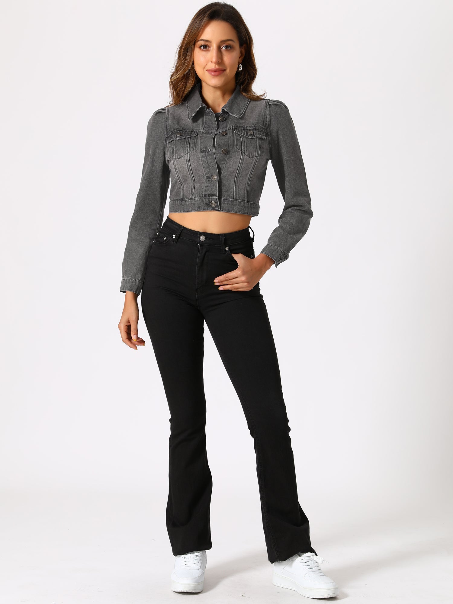 Lightweight Button Down Puff Sleeve Cropped Denim Jacket