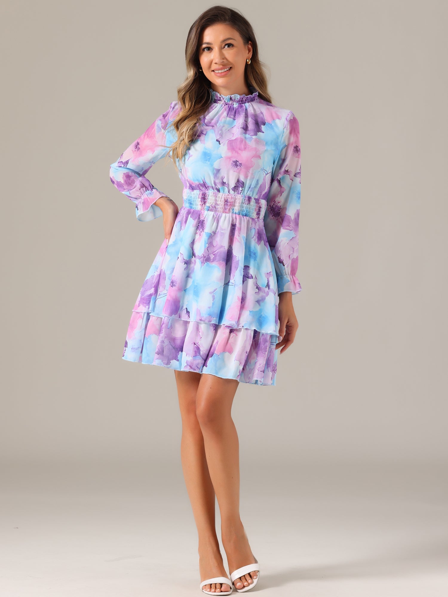 Floral Chiffon Long Sleeve Mock Neck Ruffle Layered Mini Dress