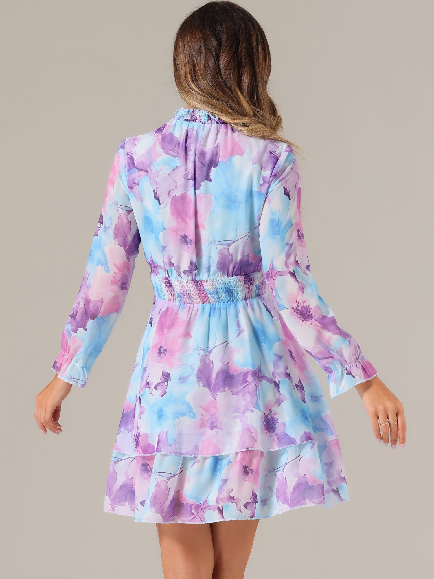 Floral Chiffon Long Sleeve Mock Neck Ruffle Layered Mini Dress