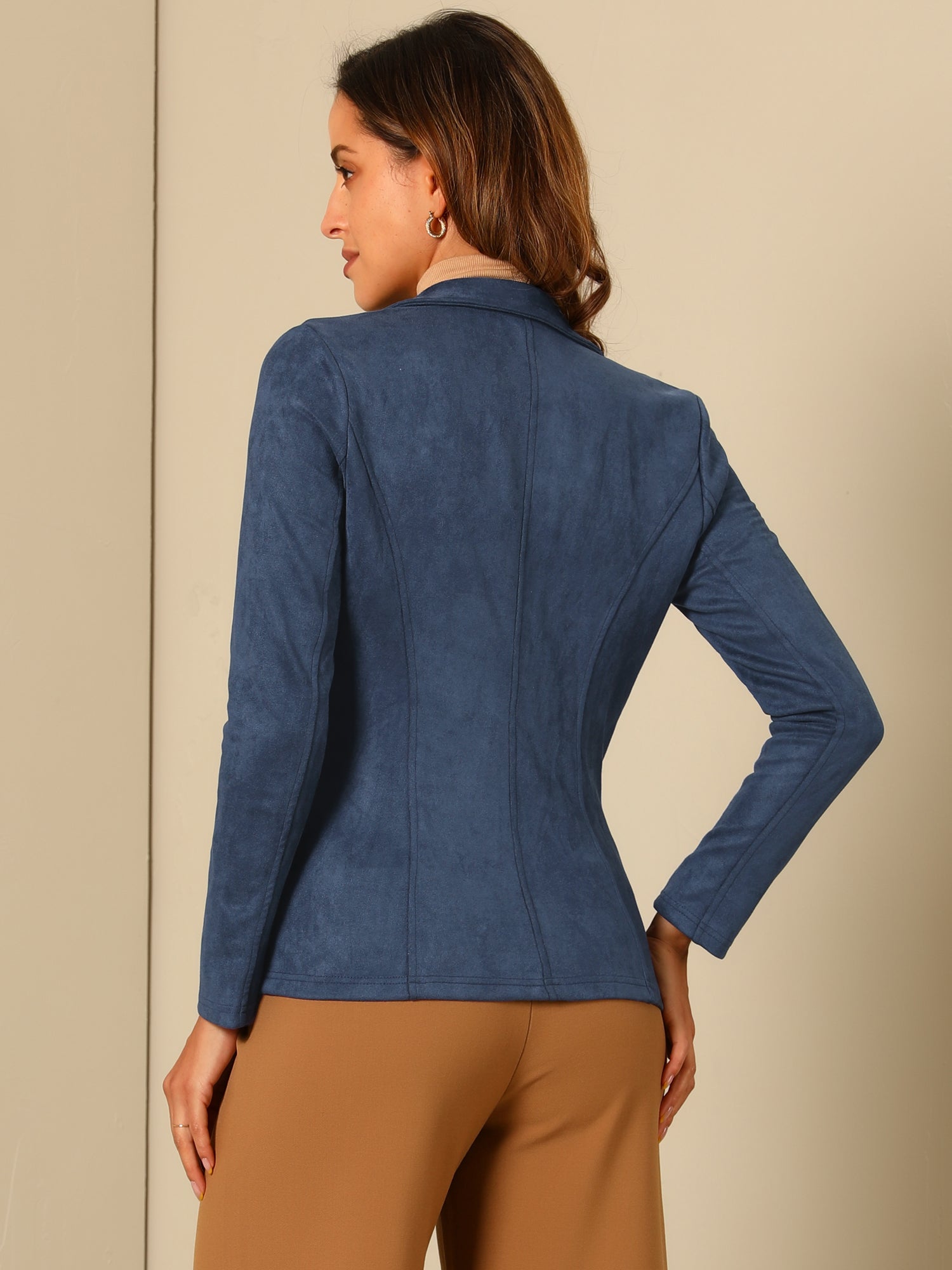 Faux Suede Lapel Collar Long Sleeve Casual Work Office Jacket