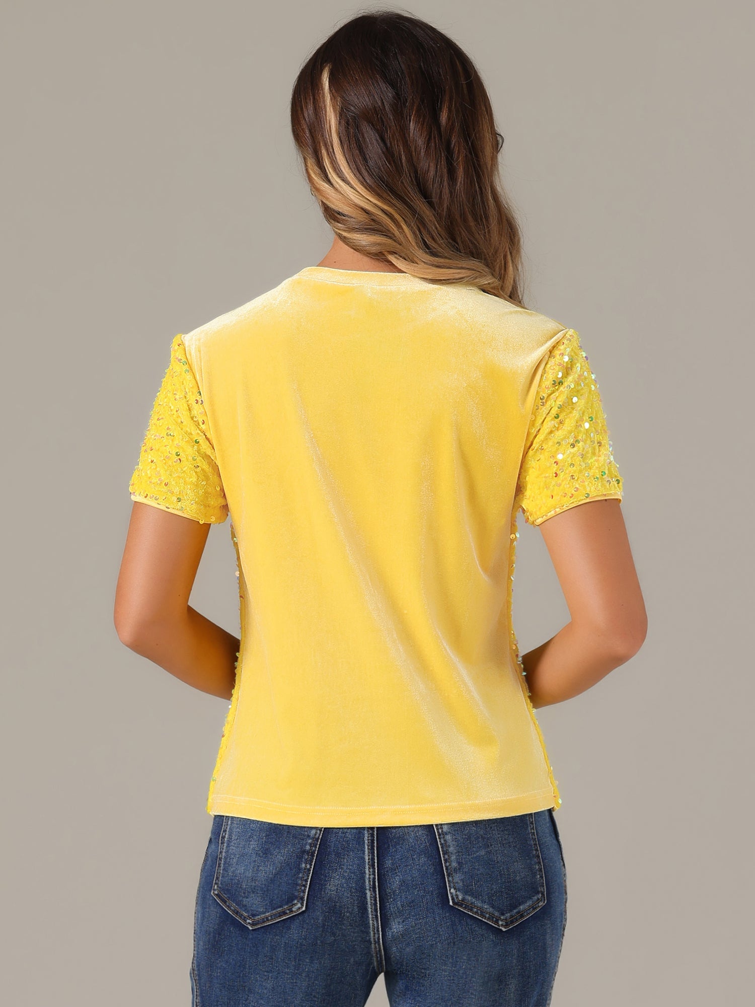 Glitter Sequin Velvet Crew Neck Short Sleeve Party Clubwear Blouse