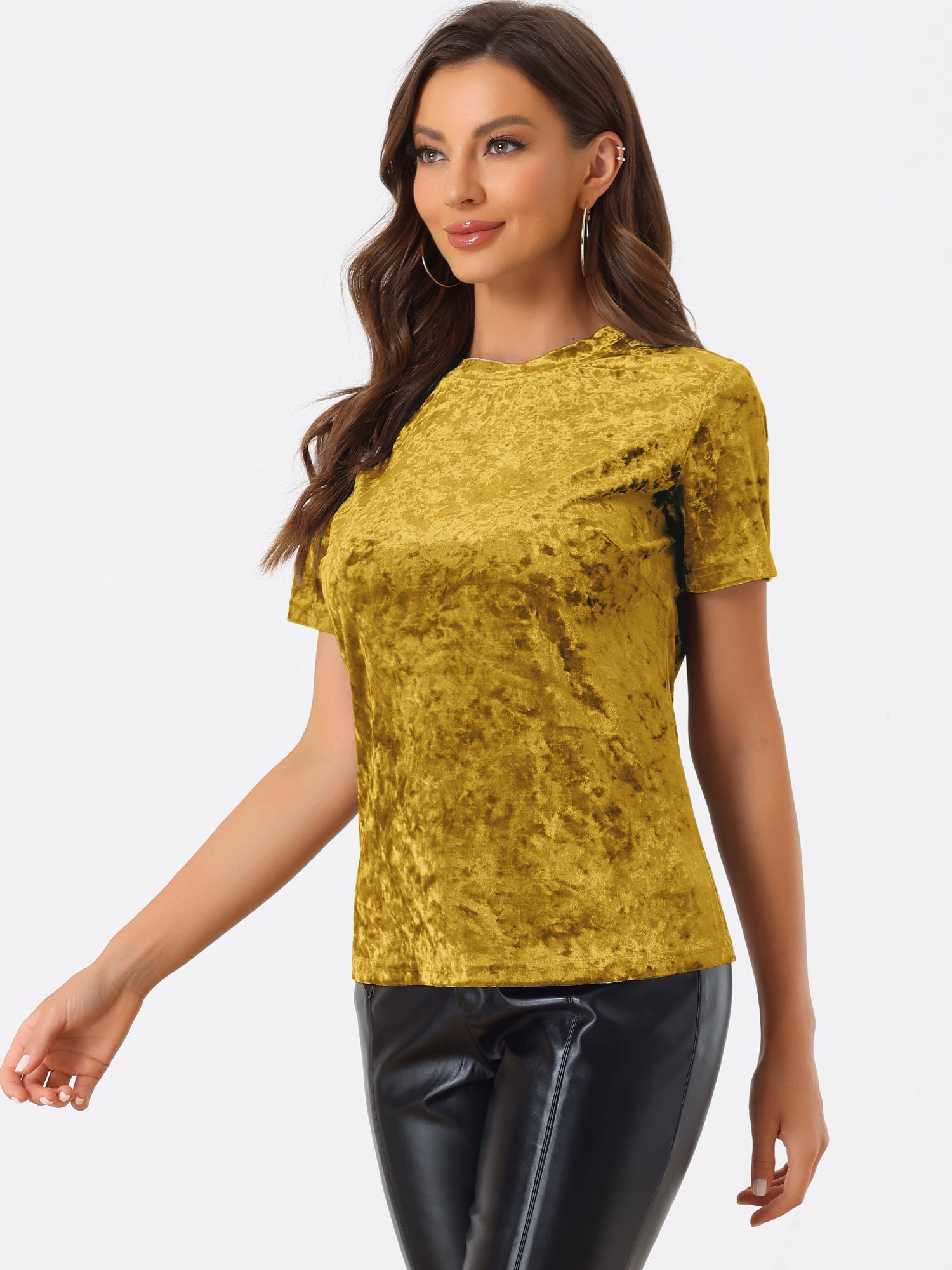 Velvet Crew Neck Short Sleeve Casual T-Shirt Top