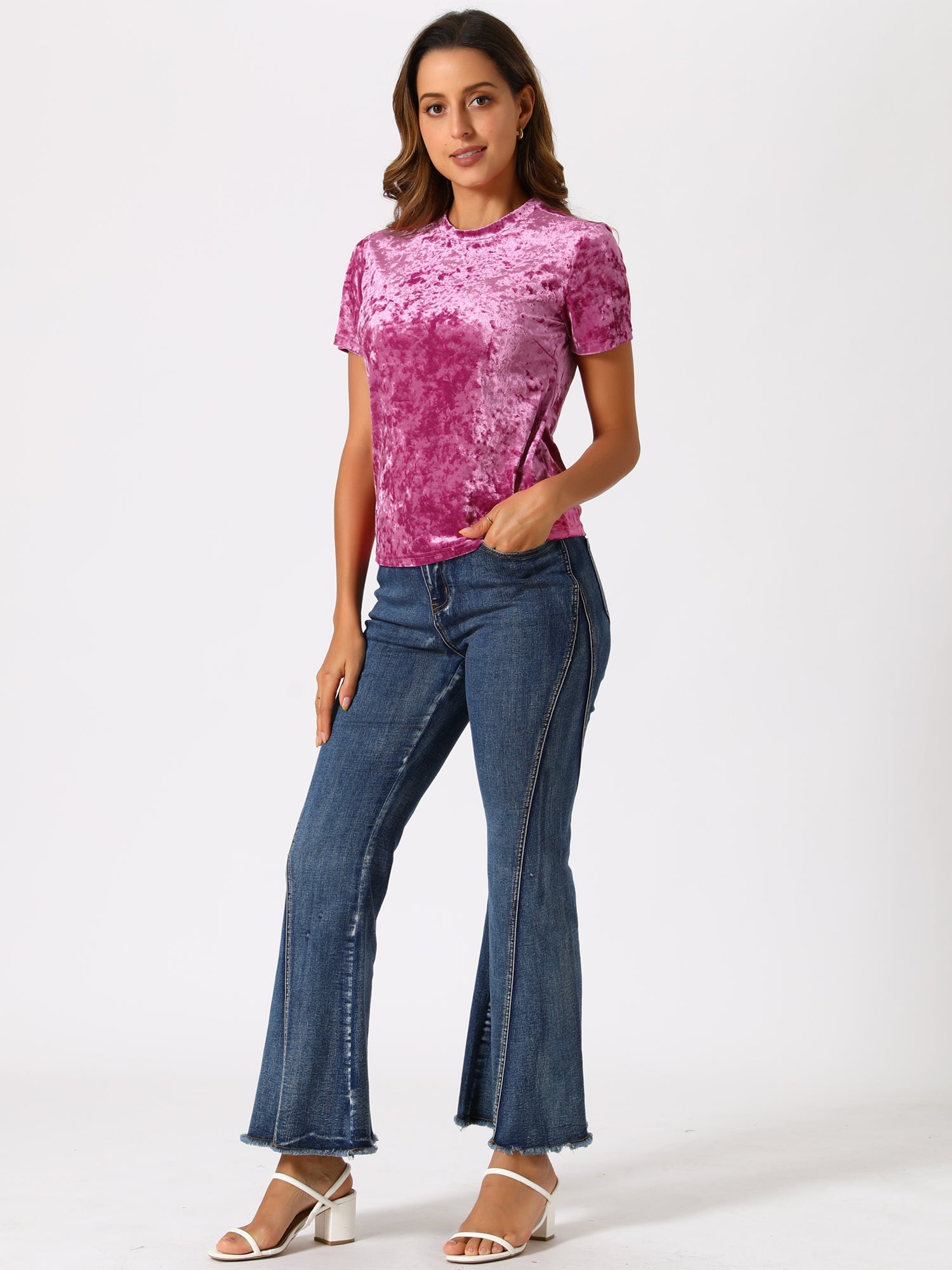 Velvet Crew Neck Short Sleeve Casual T-Shirt Top