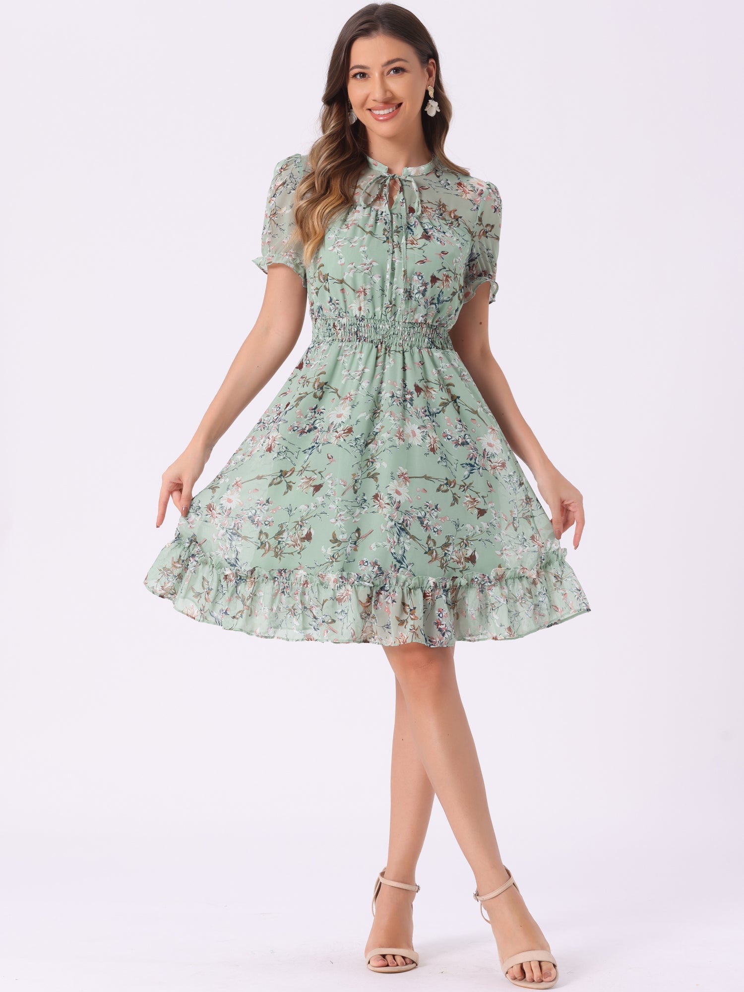 Floral Smocked Tie Neck Puff Sleeve Ruffle Chiffon Tiered Dress